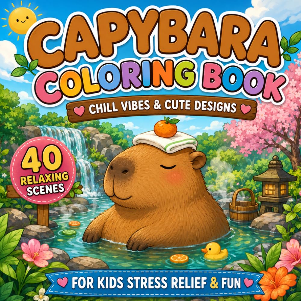 Capybara Coloring Book: Chill Vibes & Cute Designs - 40 Relaxing Scenes for Kids Stress Relief & Fun