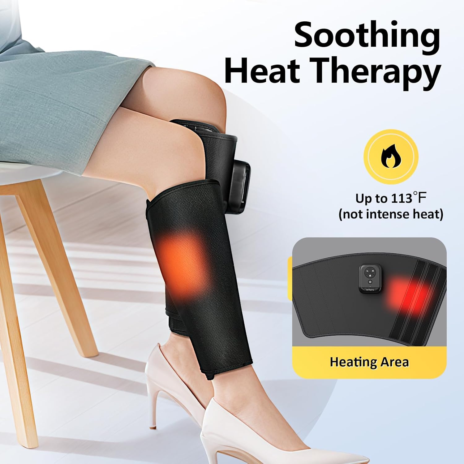 Woman sitting with leg massager on, showing a red glowing area indicating heat therapy