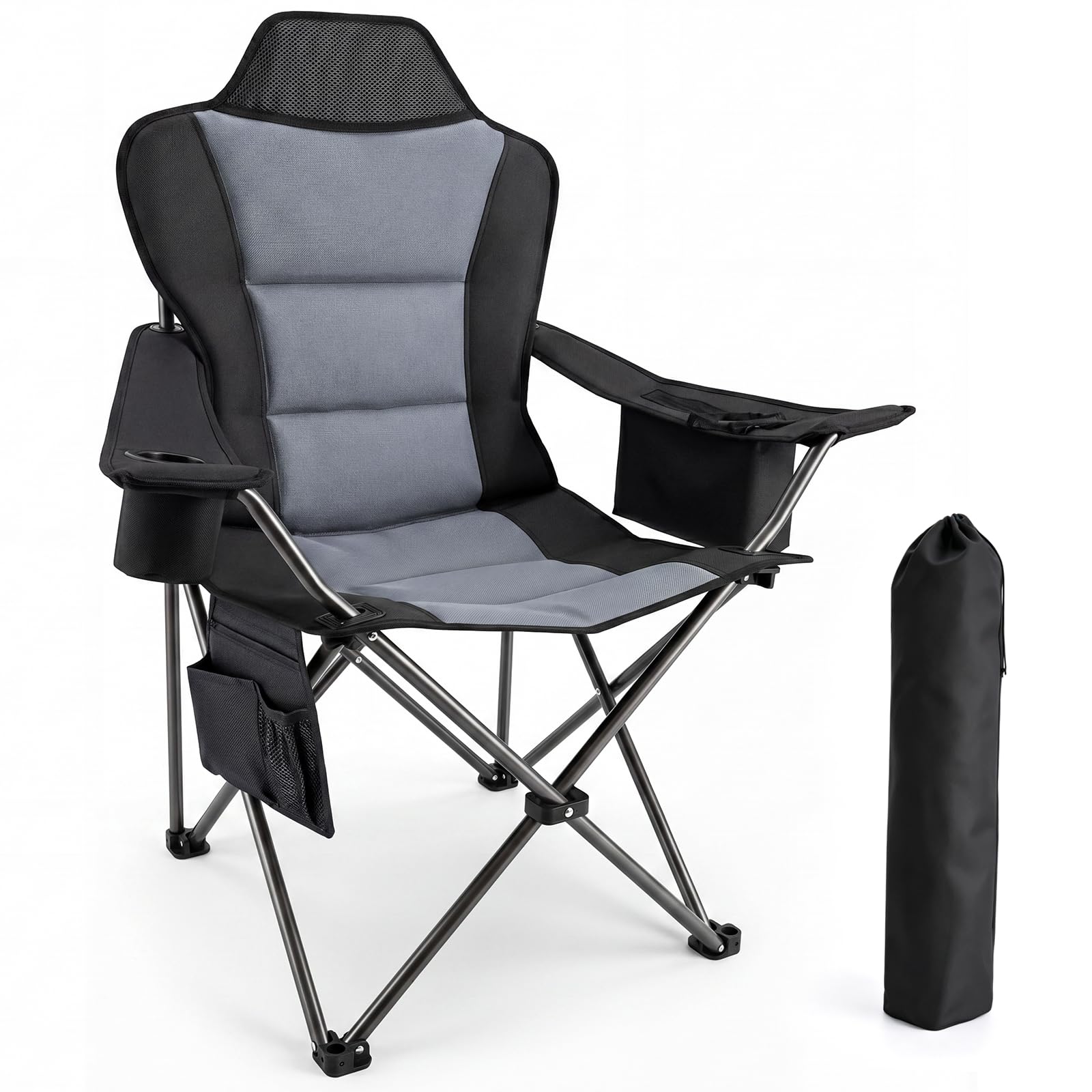 YEAUPE PRO Silla de Camping Plegable, Sillas de Pesca, hasta 150 kg, XL | Respaldo Alto, con Portavasos y Bolsa de Transporte, Silla Exterior para Camping, Playa, Jardín y Pesca