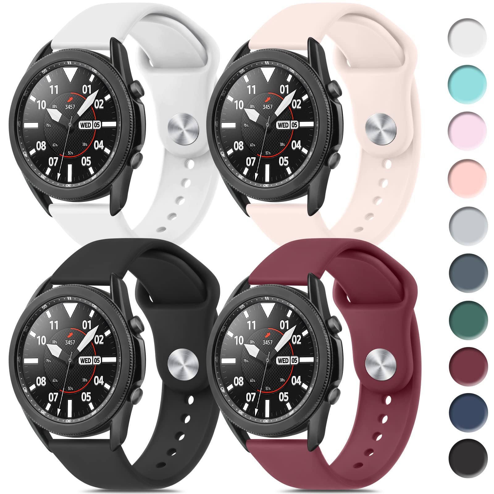 Wanme Band for Samsung Galaxy Watch 3 Bands 45mm Women Men, 22mm Adjustable Soft Silicone Sport Strap Replacement Band for Galaxy Watch 3 Bands 45mm (4Pack C)