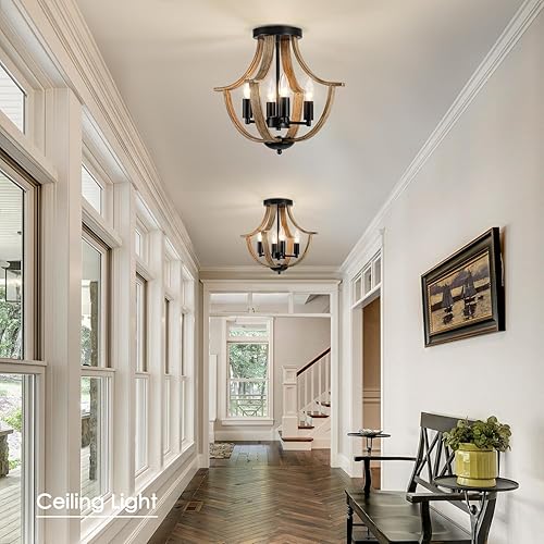 Miniatura 4 de Lámpara colgante colgante de granja, lámpara de techo rústica de 4 luces, lámpara de techo moderna de madera sintética para comedor, cocina, isla,