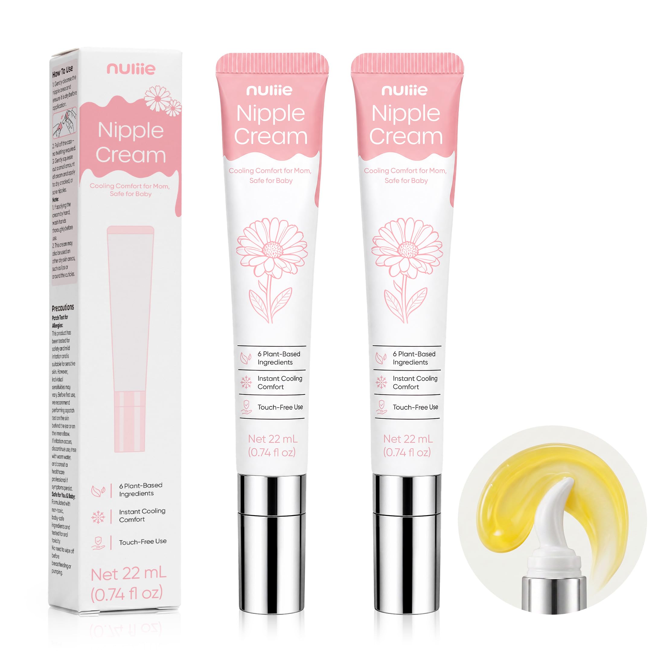 Nuliie 2-Pack Lanolin-Free Nipple Cream with Ceramic Applicator, 1.48 fl oz | Botanical Moisturizing Formula,No-Wipe Nipple Balm,Nipple Cream for Breastfeeding