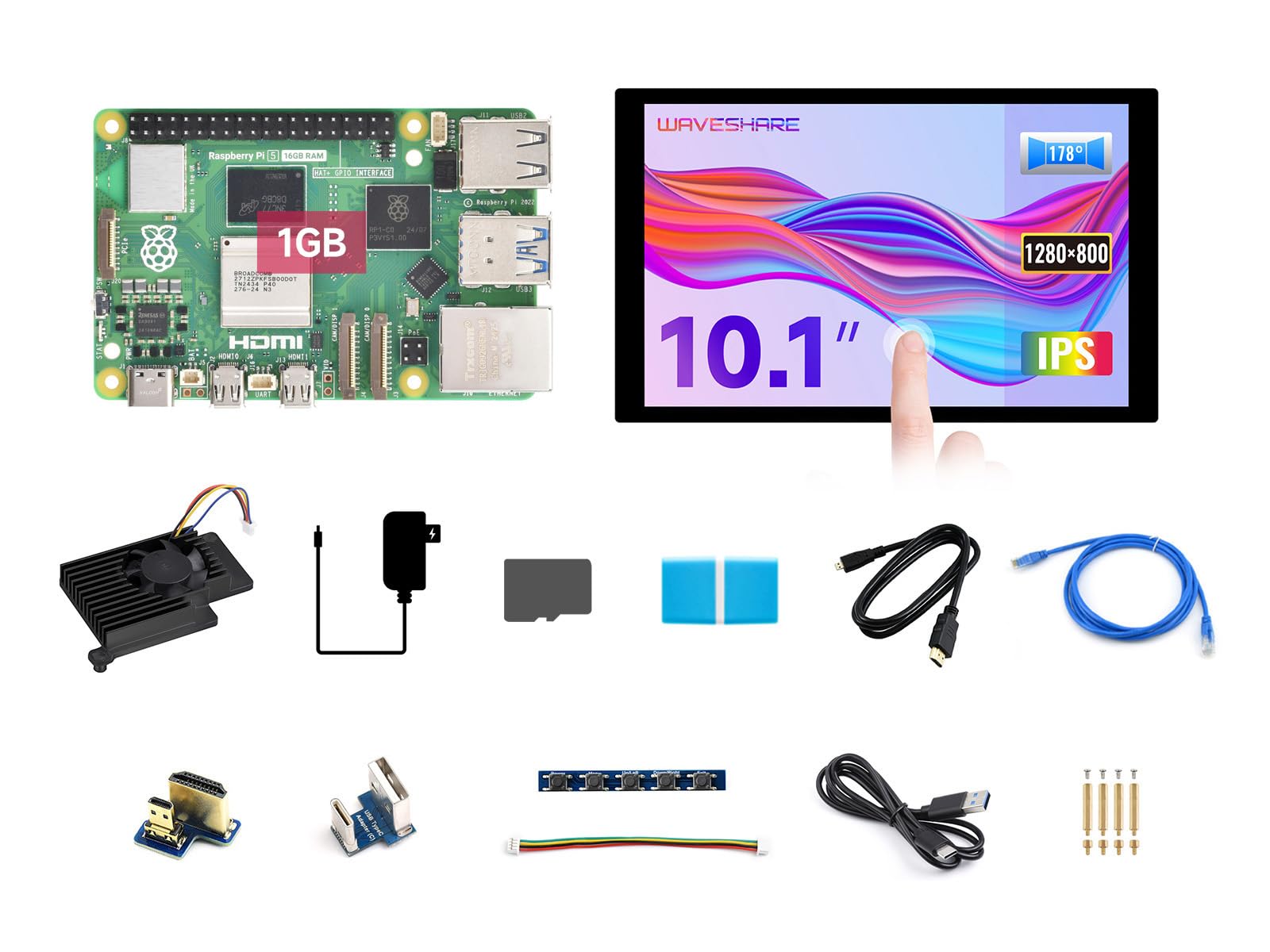 Waveshare RPI5-1GB Display Kit A, Bundle with Raspberry pi 5 1GB, 10.1inch HDMI Display (1280x800 Resolution, 10-Point Touch), Cooler, TF card 64GB and so on