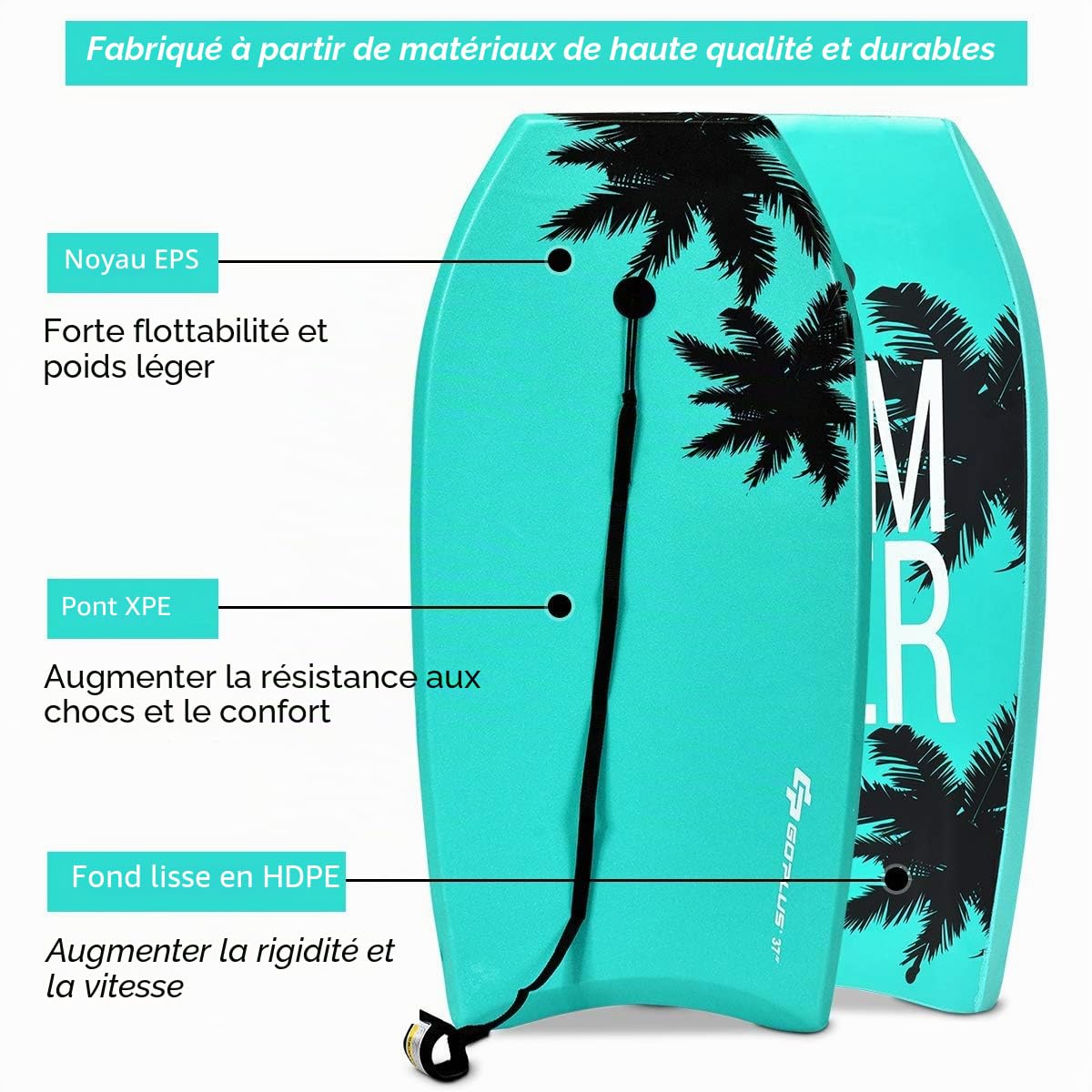 COSTWAY Planche de Bodyboard 33"/37"/41" en XPE et HDPE avec Queue en Croissant, Planche de Surf avec Double Canal et Longe pour Poignet, Idéal pour Enfants Adolescents Adultes