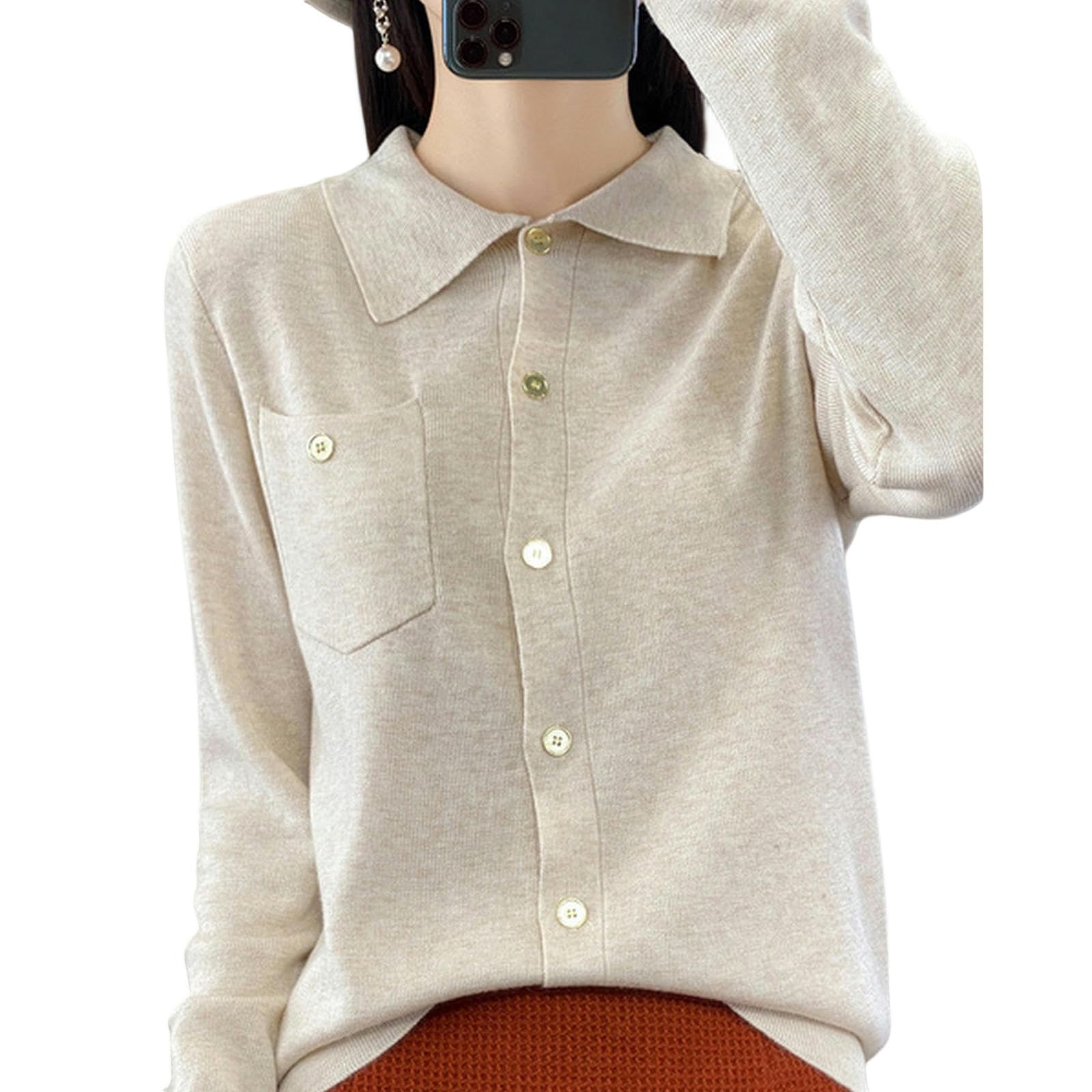TEidea Pullover Damen Mode Langen Strickjacken Für Frauen, Faux Woll-Frauen-Jumper Mit Kragen, Perfekt Für Frühling Und Herbst-Beige-S