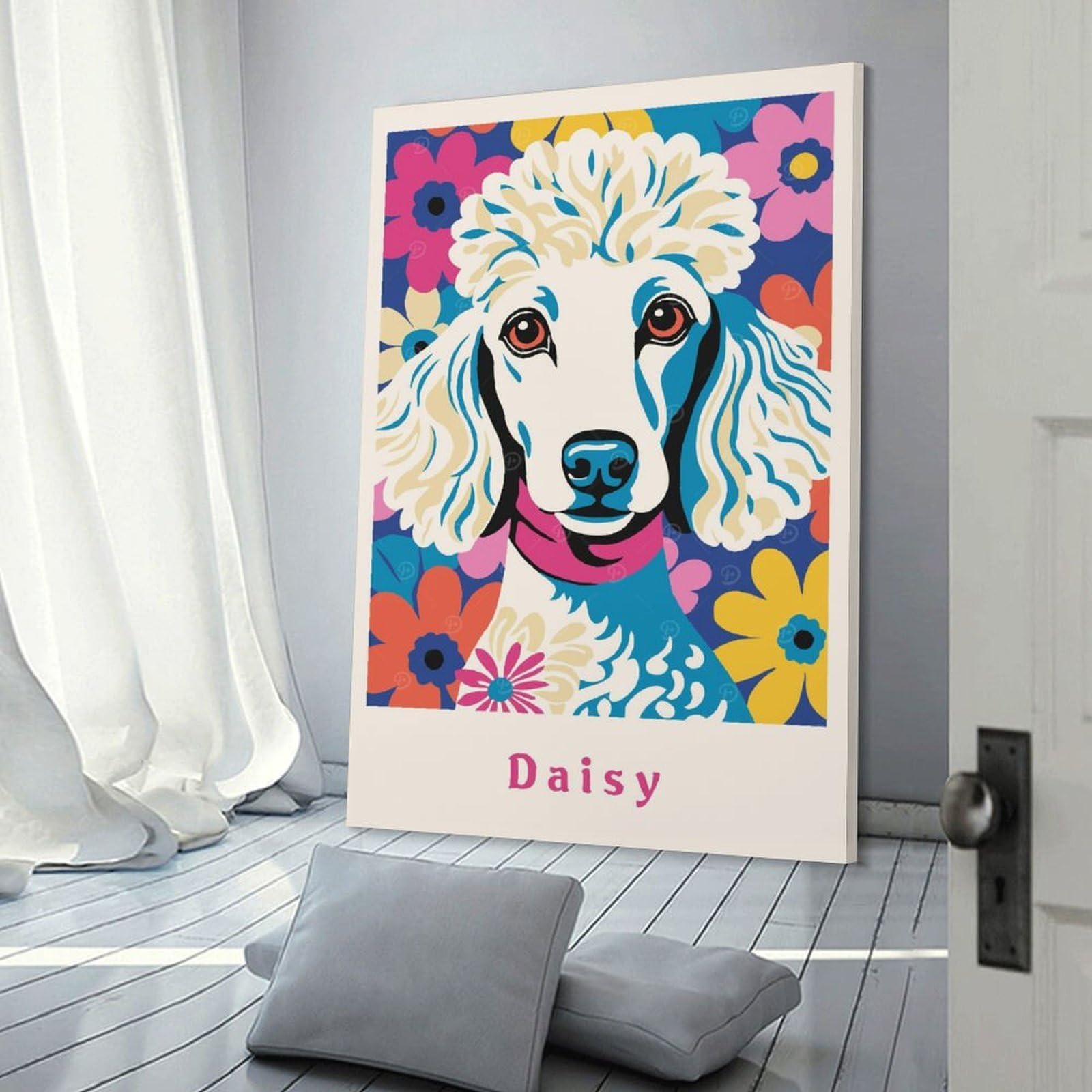 Junmoney Canvas Wall Decor Daisy Poodle Dog, 12x18inch(30x45cm), for Gallery Wall Layouts in Home Or Office, Home Wall Art for Statement Displays