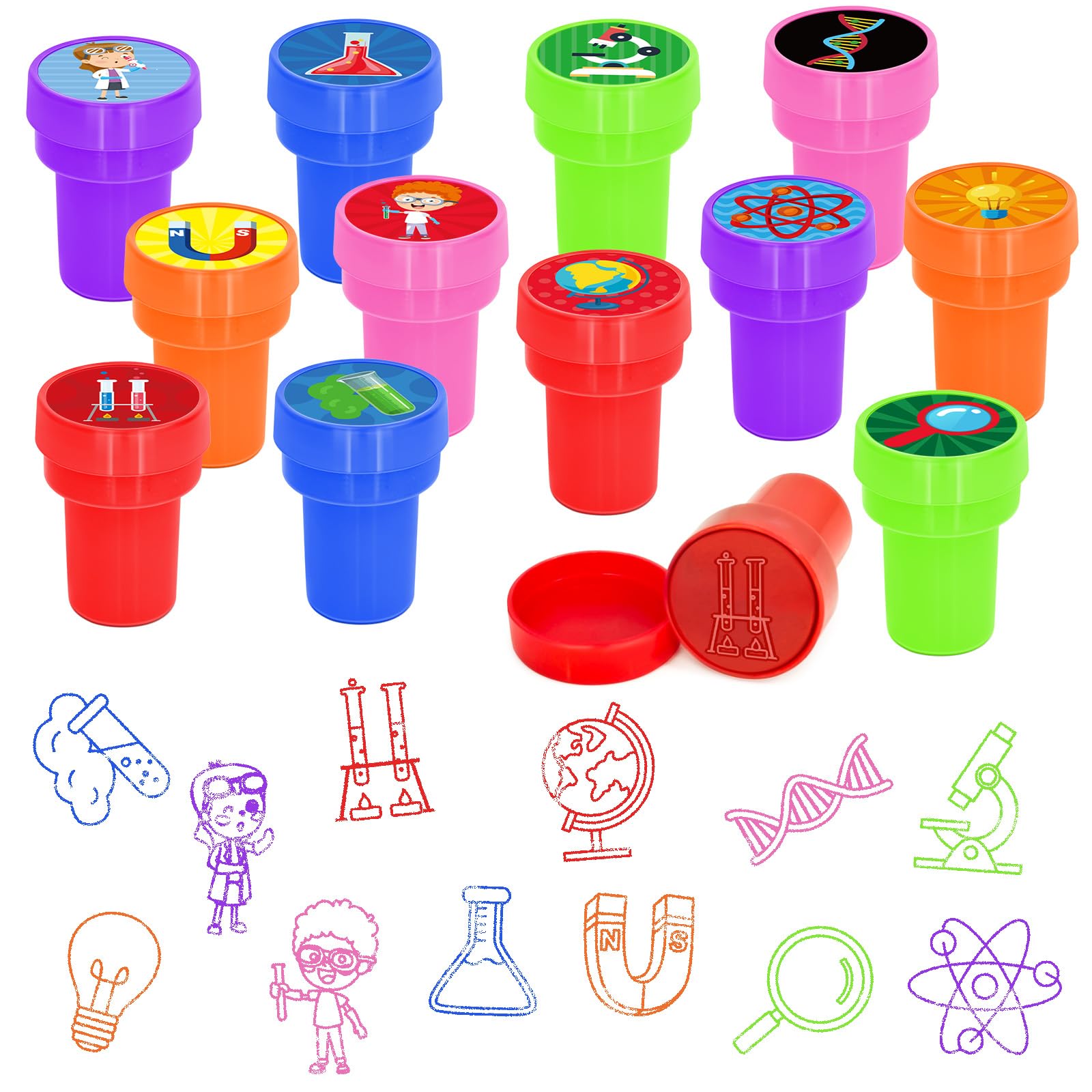 Cinrobiye 24 Pcs Science Party Favor Stampers,Science Party Supplies, Science Birthday Party Favors Gifts, Classroom Rewards Carnival Prizes, Goodie Bag Pinata Fillers