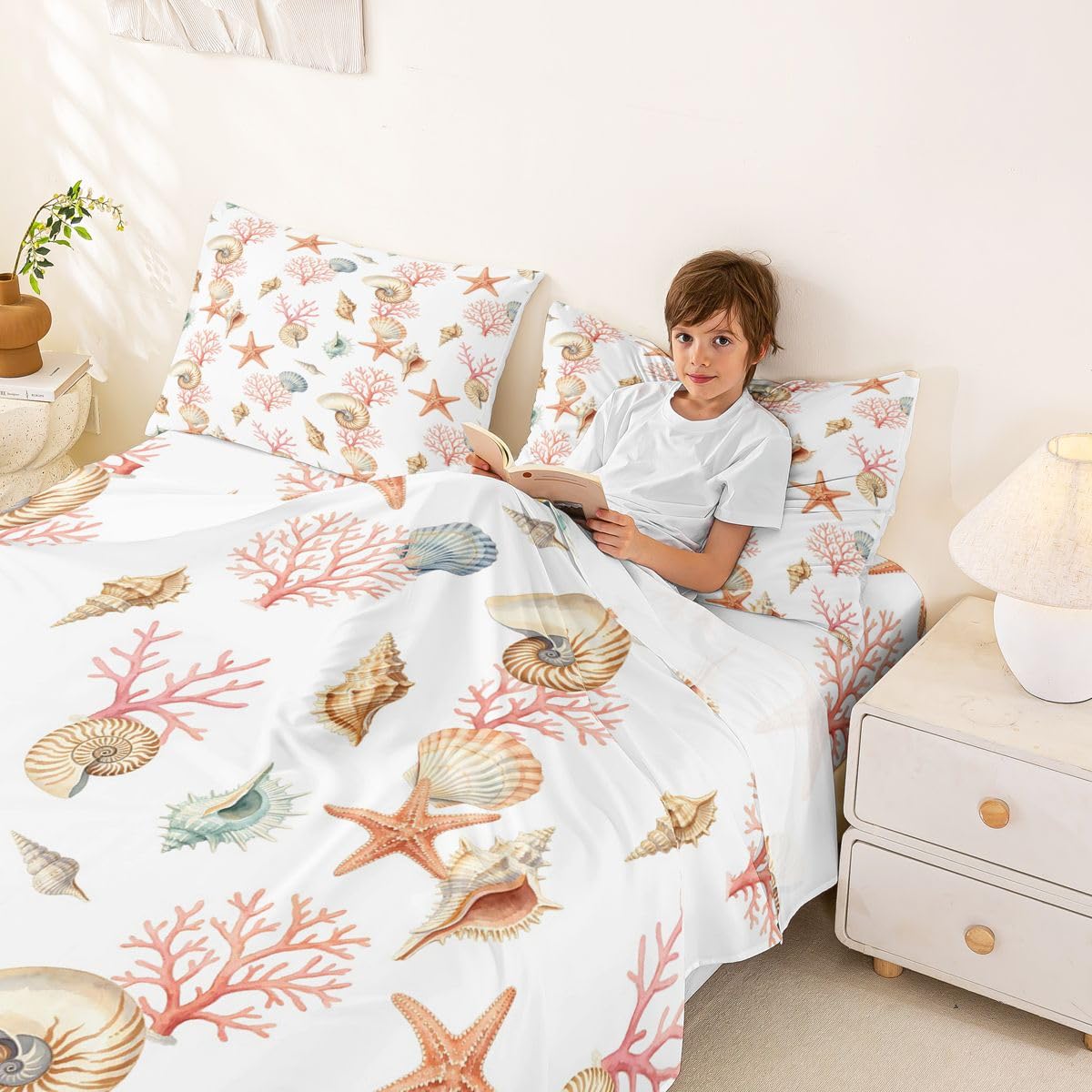 Homewish Coastal Beach prześcieradła podwójne oceaniczne stworzenia, prześcieradło z gumką, głęboka kieszeń, 40 cm, zestaw pościeli z muszlą, motyw koralowej rozgwiazdy, z 2 poszewkami na poduszki