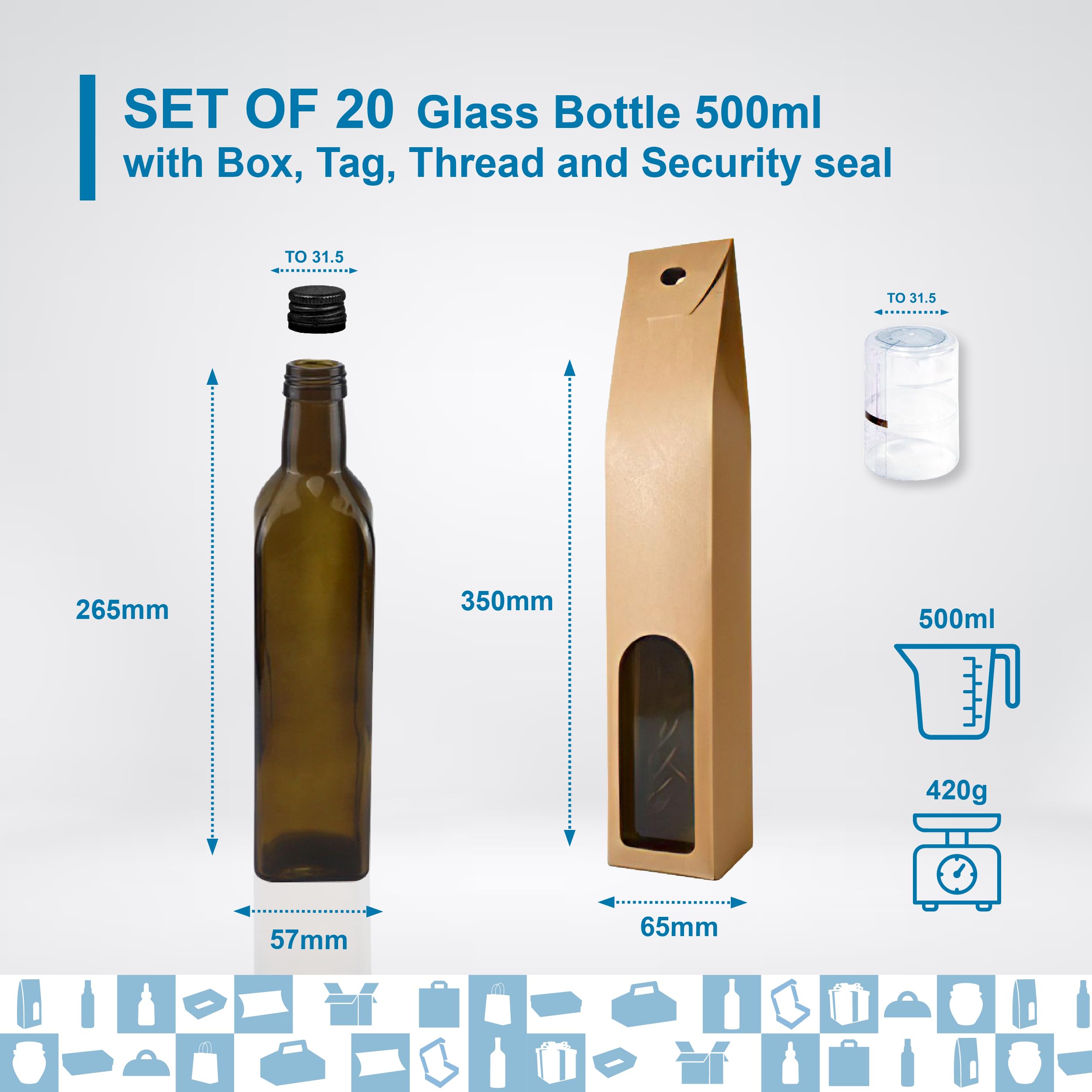 Espirito Rebelde 20 x Flaschen aus dunklem Glas, 500 ml, mit schwarzem Schraubverschluss, 20 Schachteln + 20 Siegel + 20 Kraftetiketten + Schnur – Olivenöl, Essig, Alkohol – Ölflasche aus Glas