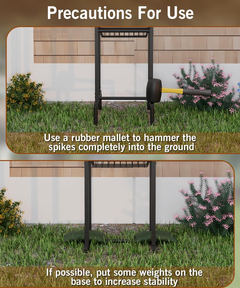 Garbuildman Ground Mount Garden Hose Reel Holds 125 Feet of 5/8-Inch with 3.9 ft Leader Hose, Brass Fitting, Water Hose Holder Stand with Storage Rack & 4 Spikes Base for Outdoor Lawn, Black