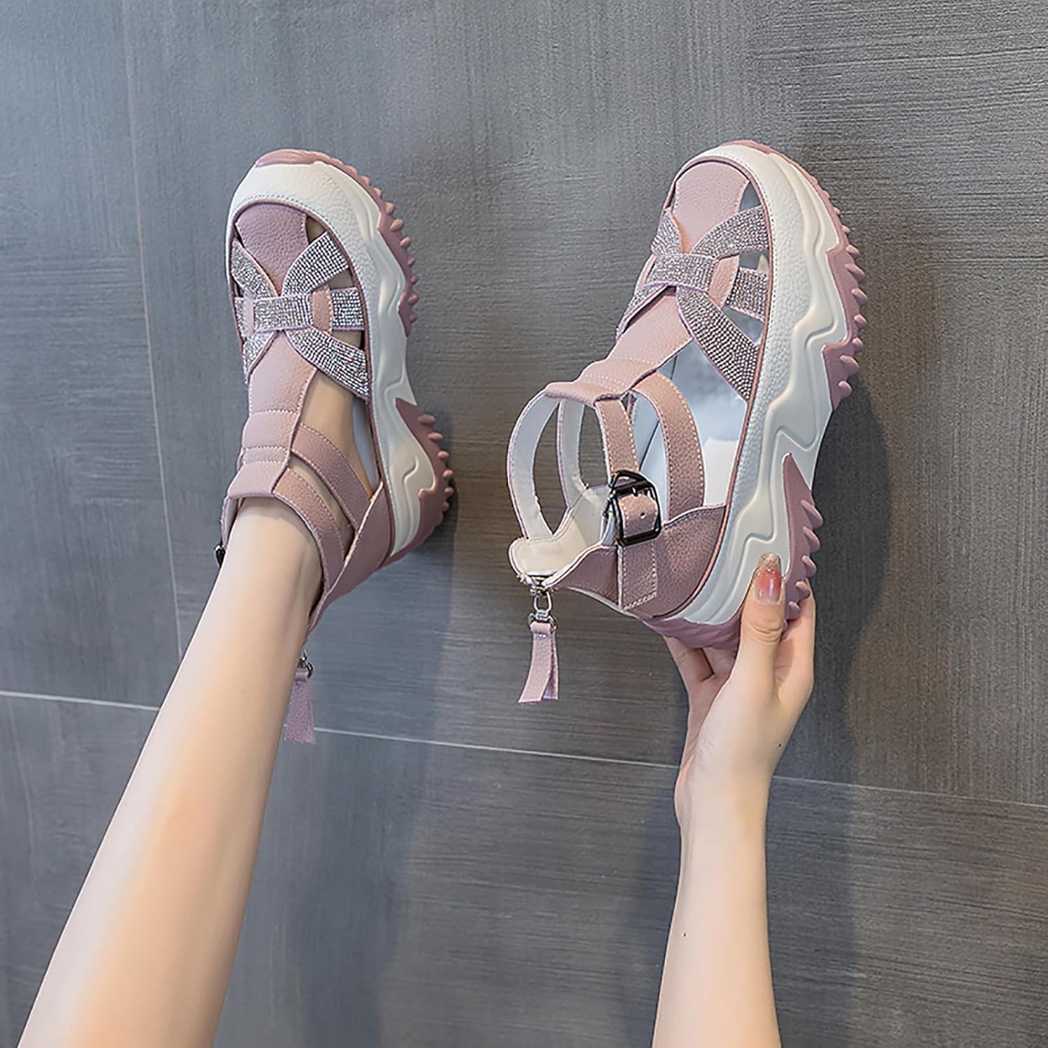 Chunky Platform Sneakers for Women Sneaker Sandals with Back Zipper Rhinestones