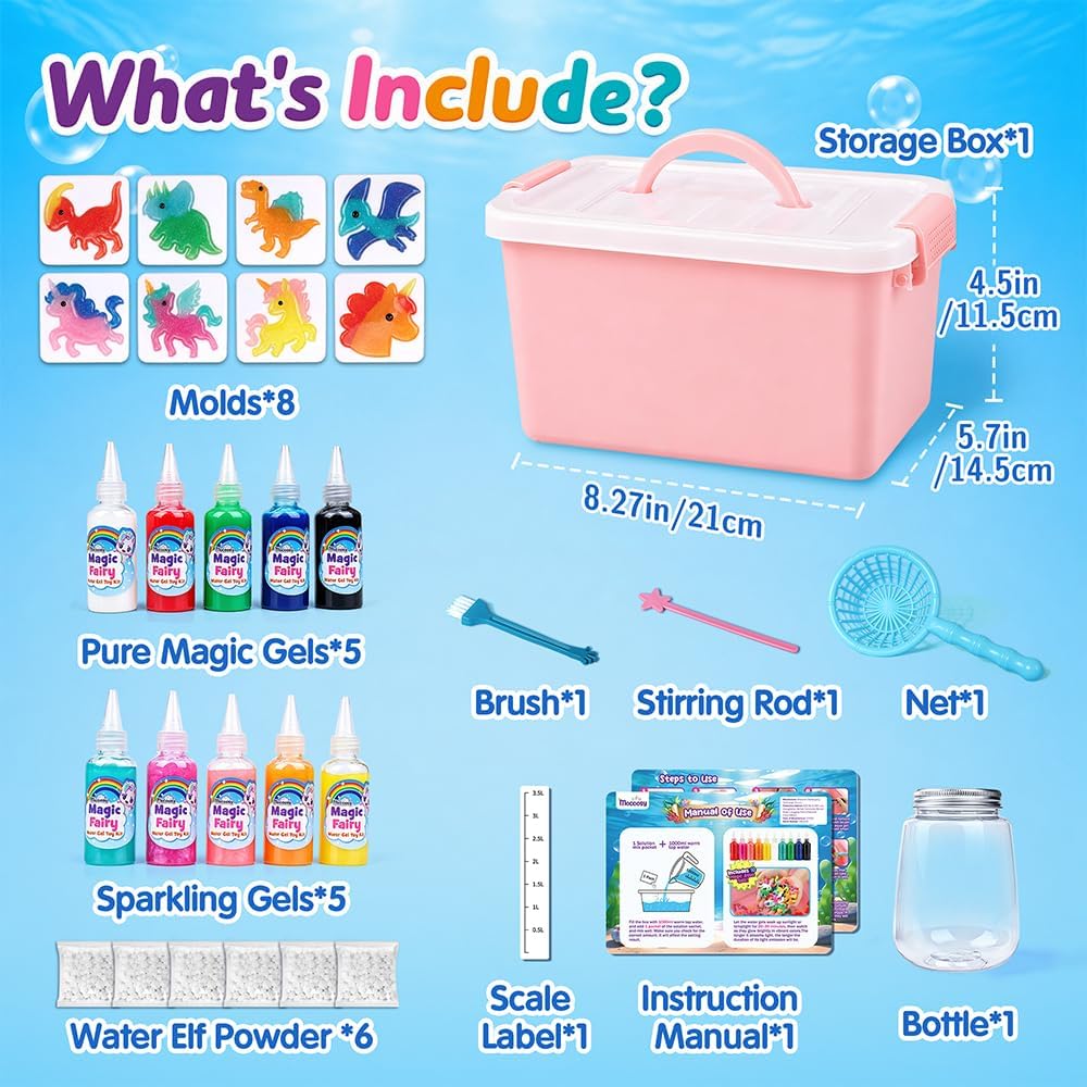 Mocoosy 10 Colors Magic Water Gel Kit for Kids, Aqua Fairy Water Elf Toy Kit with Aqua Gels & Squishy Molds, Make Your Own Squishies, DIY Squishy Maker Set Water Pets Summer Crafts Boys Girls Gifts