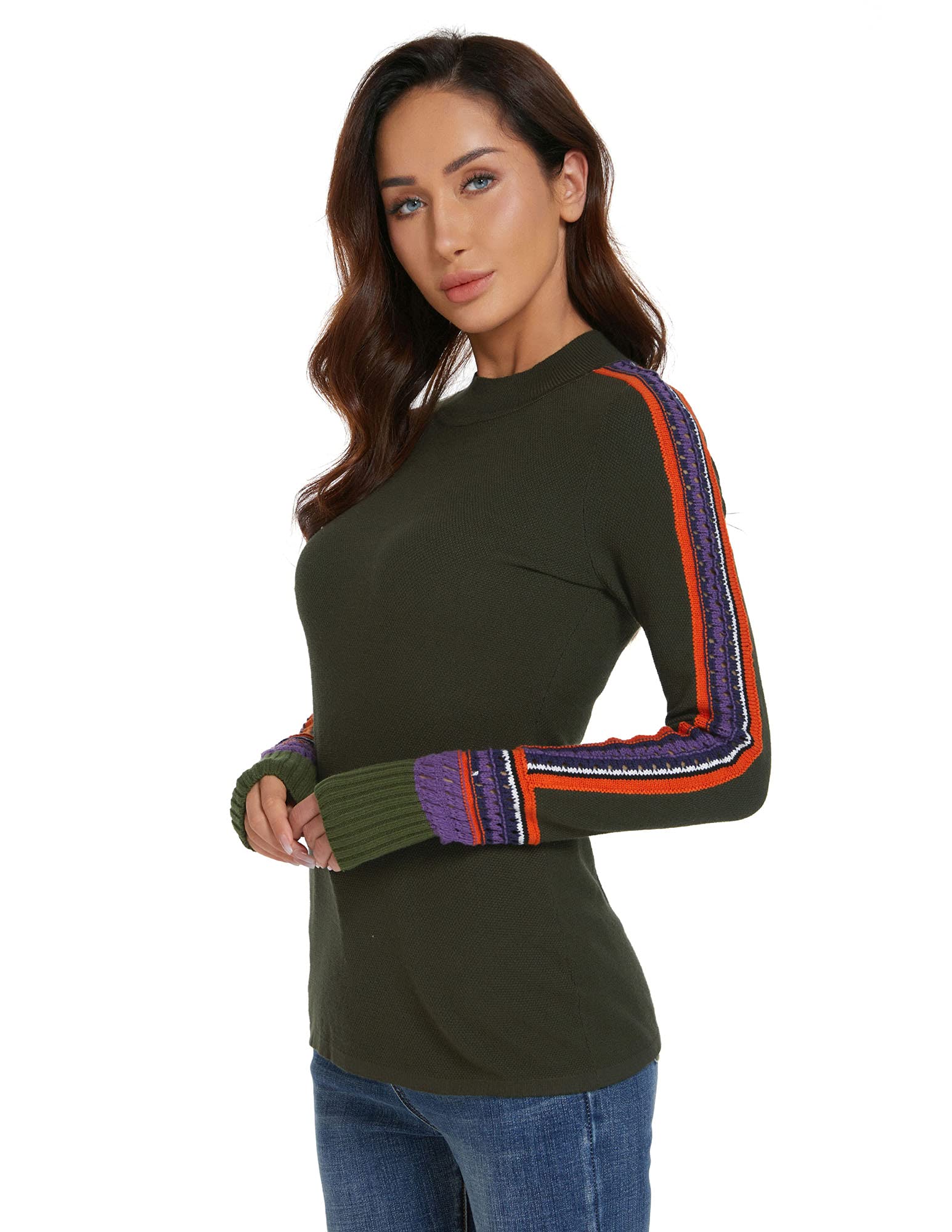 Am lieBoutik Women Mock Neck Fair Isle Trim Long Sleeve Pullover Knit Sweater
