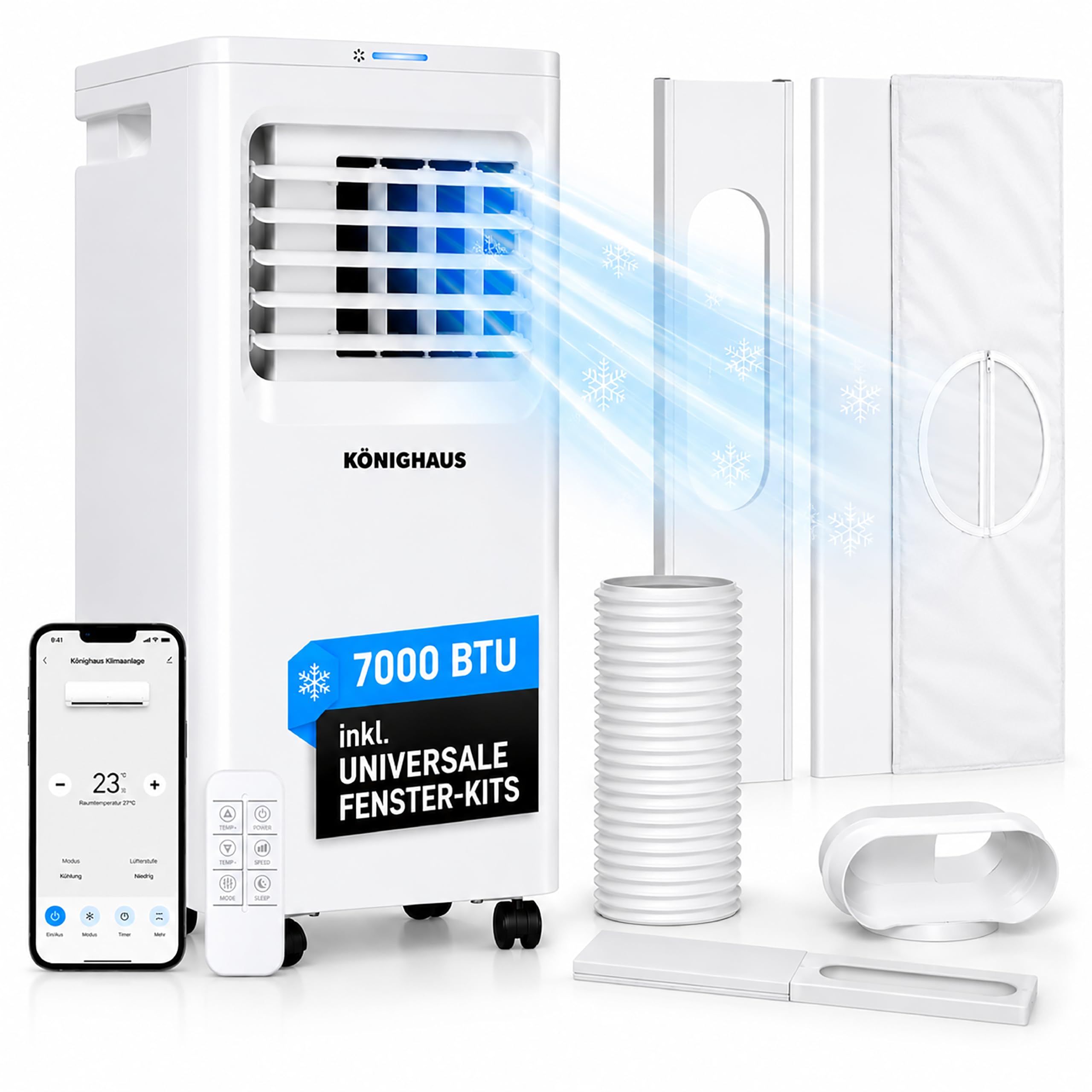 Könighaus Smarte EU Mobile Klimaanlage 7000 BTU – für deutsche Kippfenster geeignet - Kühlung, Entfeuchtung, Ventilator und Luftreinigung – energieeffizient (A) – inkl. Fernbedienung und App