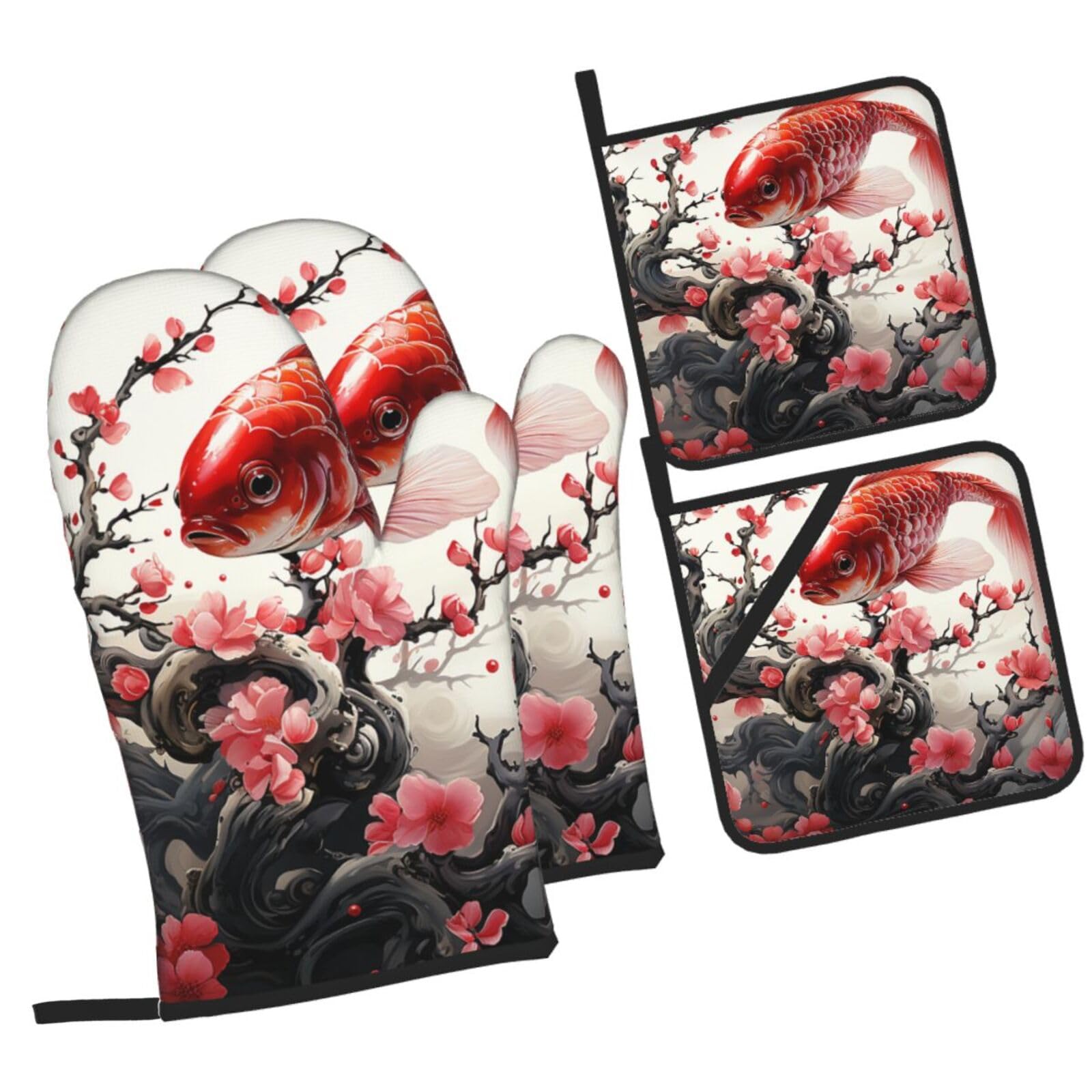 Lot de 4 maniques de cuisine rouges en motif poisson pour la cuisson