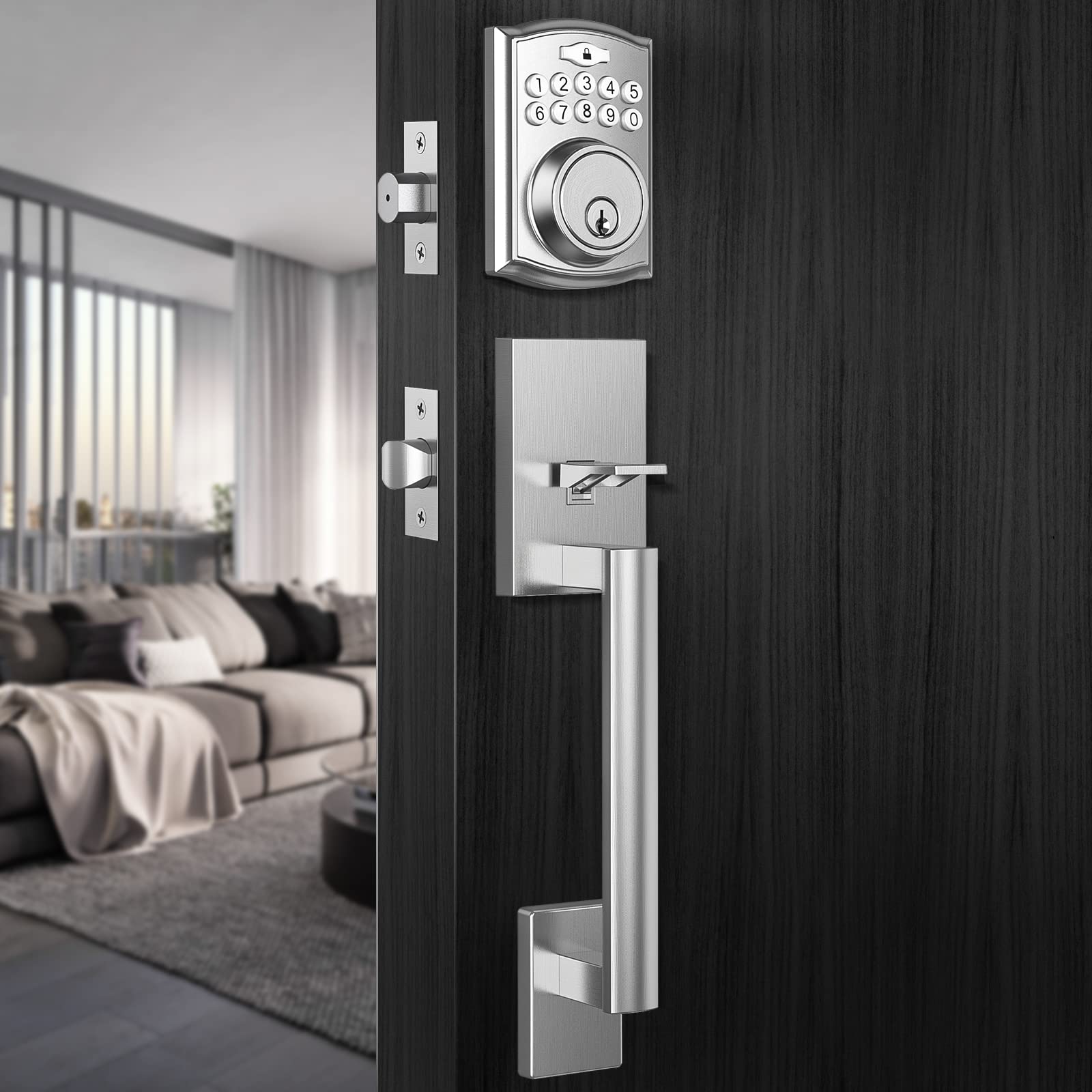Electronic Keypad Deadbolt, Brightify Keyless Entry Door Lock,Keyed Entry,Auto Lock, Door Lock with Handle, Front Door Handle Sets, Anti-Peeking Password (Satin Nickel Brushed)