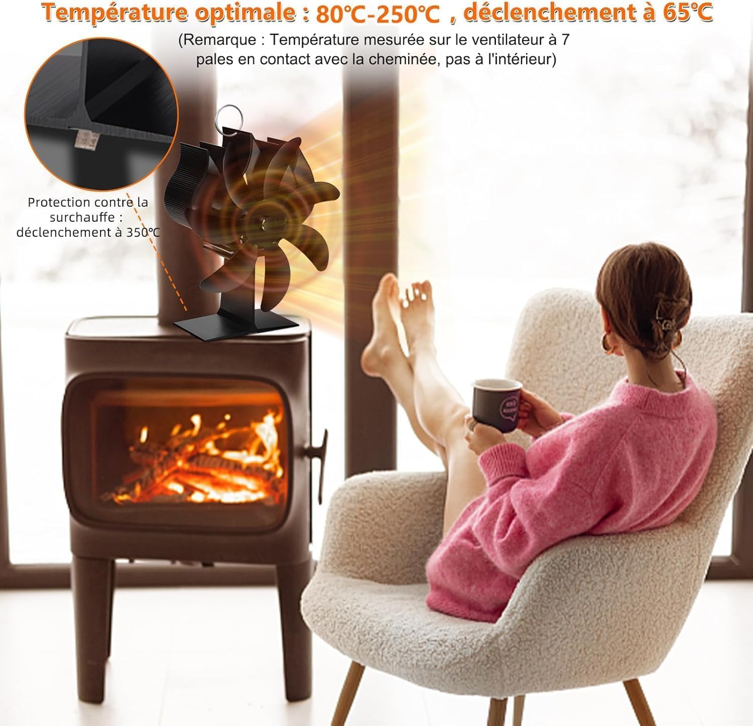Ventilatore per Stufa a Legna: 7 Pale Ventola da Stufa Legna,Ventilatore Stufa con Termometro, Ecologico Calore Ventola Senza Elettricità Alimentato,Silenzioso Stufa a Pellet