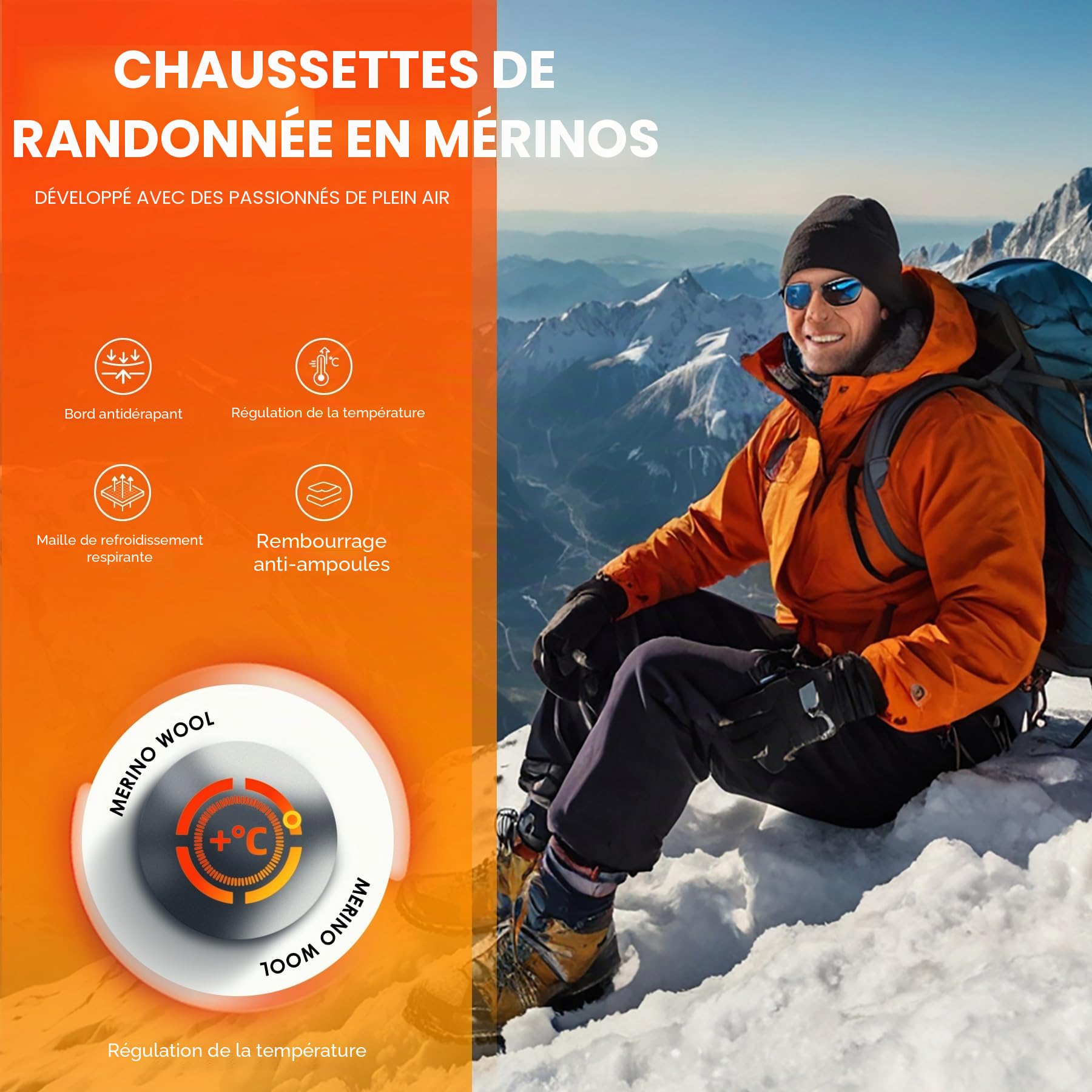FALARY Chaussette Homme Femme,Chaussettes de Randonnée en Laine Mérinos,Chaussettes Hautes Homme Chaudes, AntidéRapante Respirant RandonnéE Chaussettes Trekking Hiver Sport 3 Paires