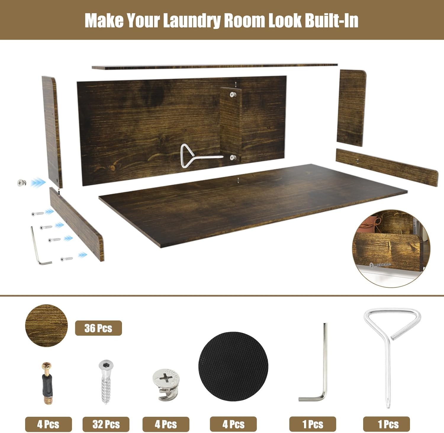 2-Tier Washer Dryer Countertop, Washer and Dryer Countertop with Shelf 54" W X 27.5" D Laundry Countertop Over Washer and Dryer 20" H Guard with Non-Slip Pads Large Space for Folding Clothes Rustic