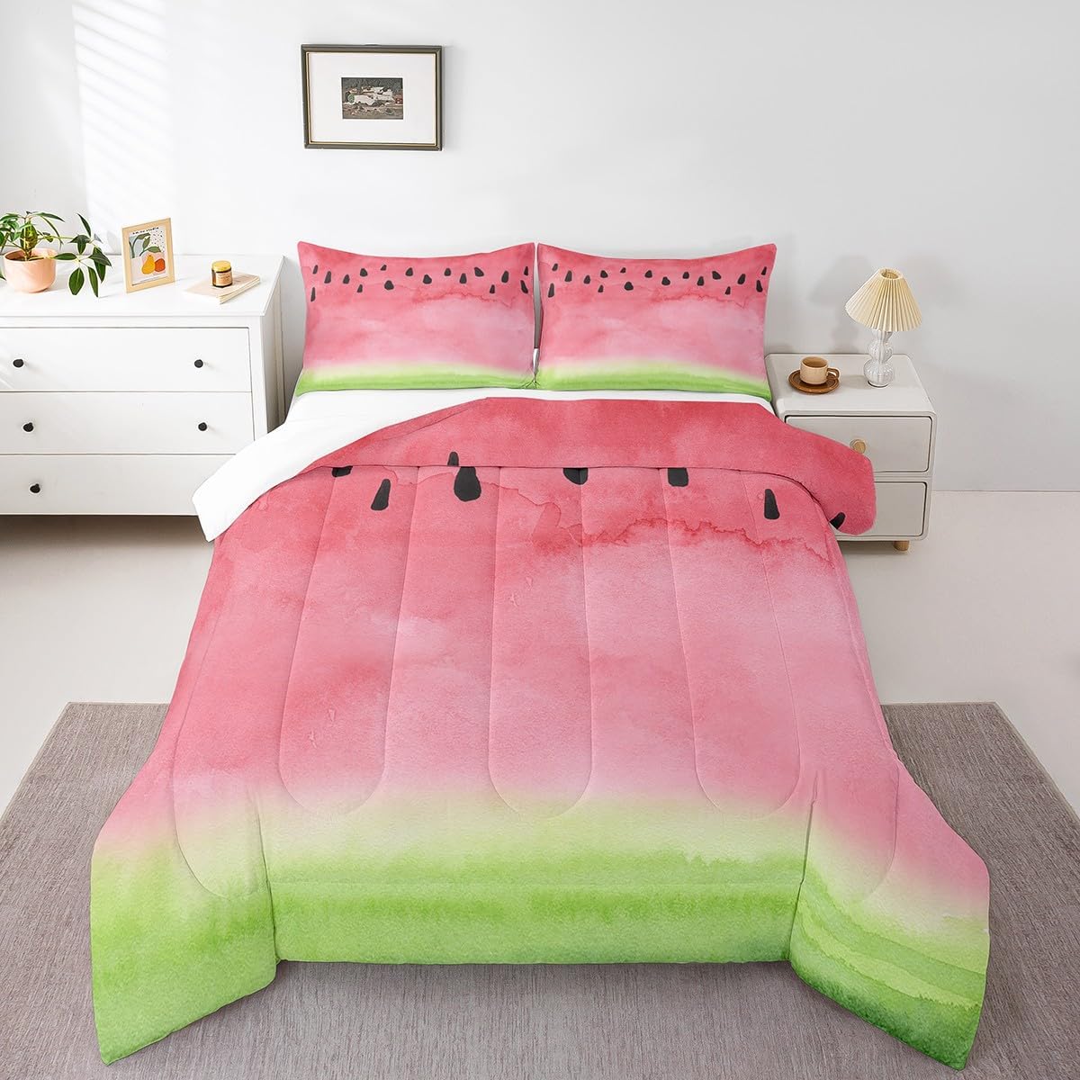 Watermelon Comforter Set Queen,Watercolor Tie Dye Bedding Set 3pcs for Kids Teens Adults Room Decor,Pink Green Summer Fruit Quilt Set Modern Plants Duvet Insert with 2 Pillowcases