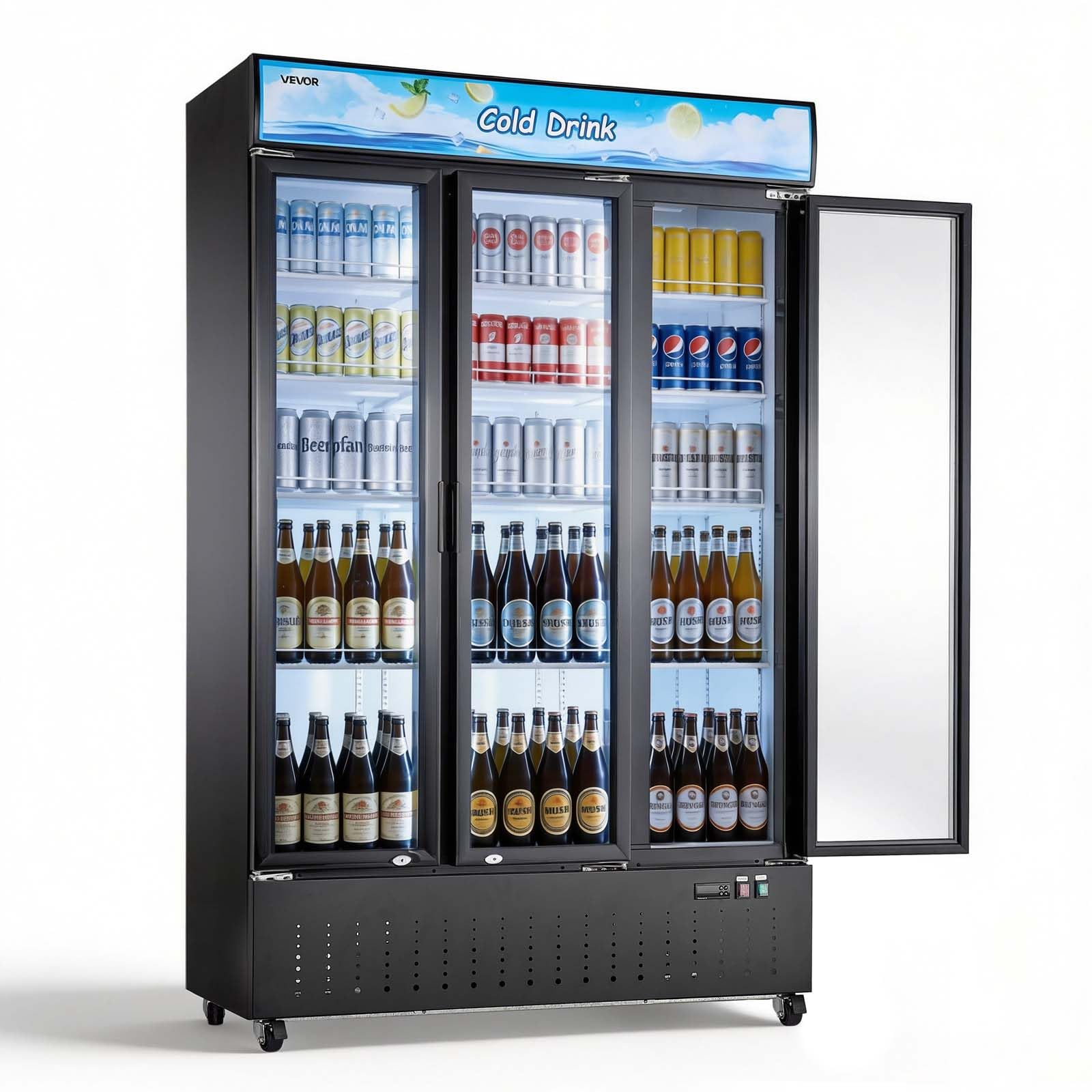 VEVOR Commercial Merchandiser Refrigerator, 26.8 Cu.Ft / 760L Upright Beverage Cooler, 3 Glass Door Display Refrigerator with Customizable Lightbox, 12 Adjustable Shelves, Soft LED Lighting &amp; Casters