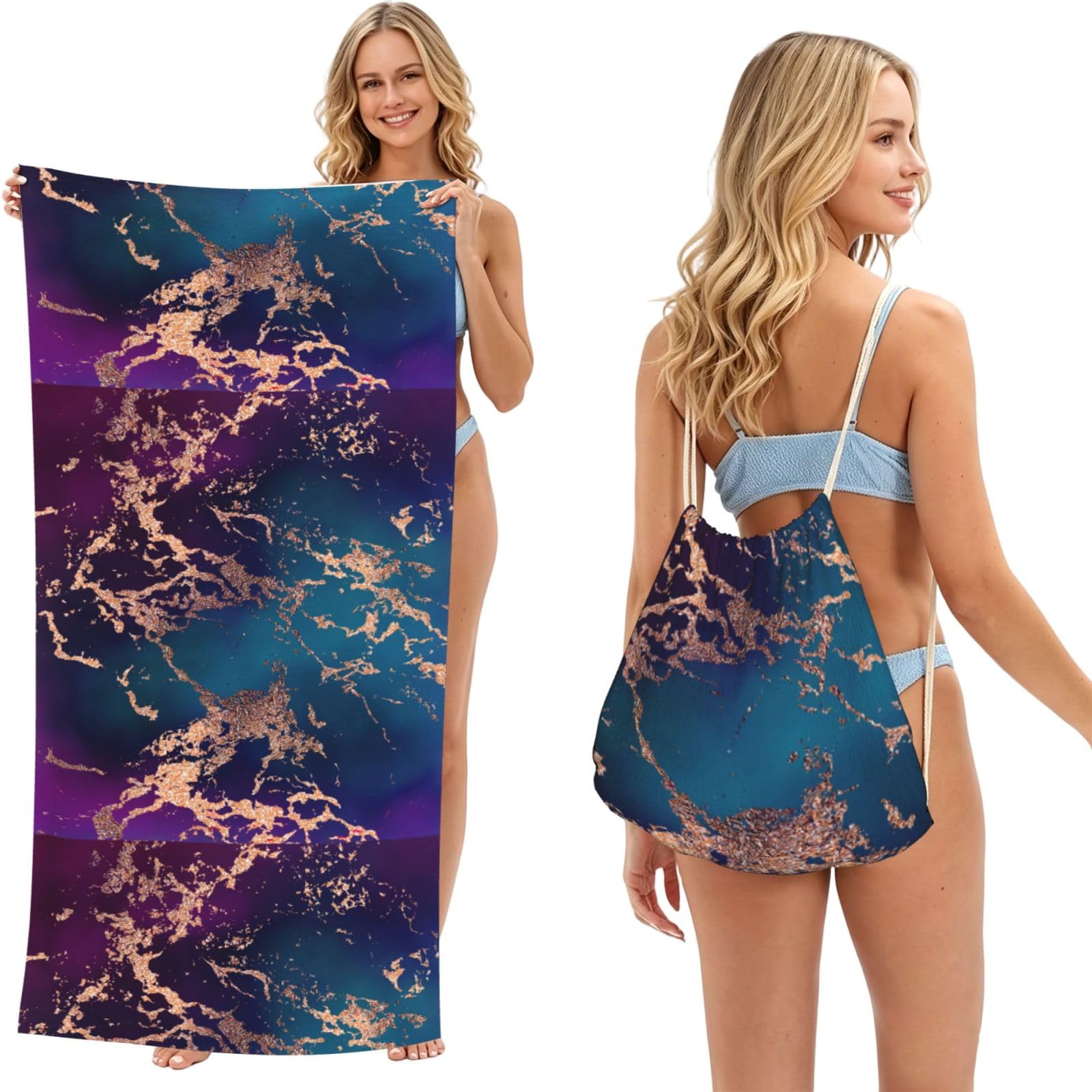 Poadnly As Picture Marble Luxe Decor Dark Purple And Teal With Gold, 2 In 1 Packable Towel Bag, Beach Towels With Drawstring Backpack For Travel Holiday Camping