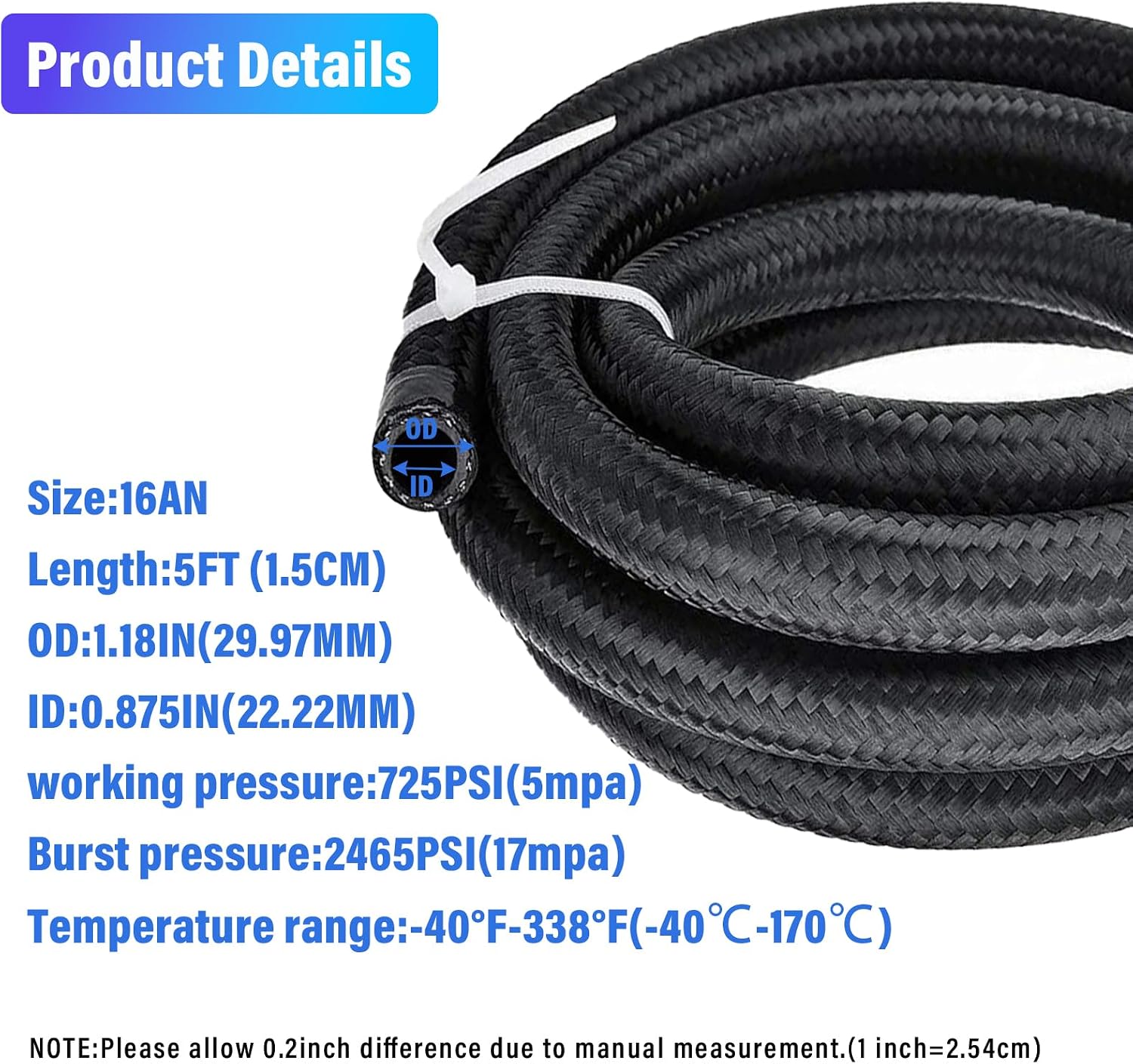 16AN-5FT Fuel Line Hose, 5FT Braided Nylon Stainless Steel CPE, 1.18" Outer Diameter, 0.875" Inner Diameter, Black, 1 Count