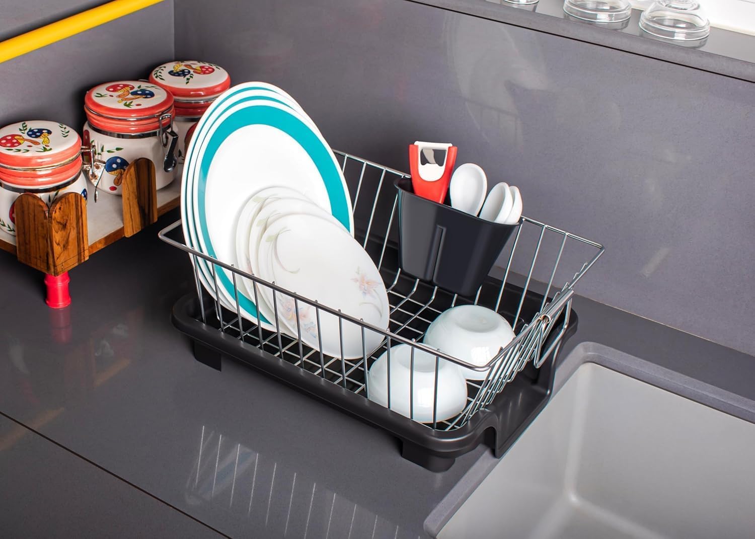 Voltonix Dish Drying Rack for Kitchen Counter, Stainless Steel, with Silverware and Utensil Holder, Sink Organisation, Black (Silver) 3