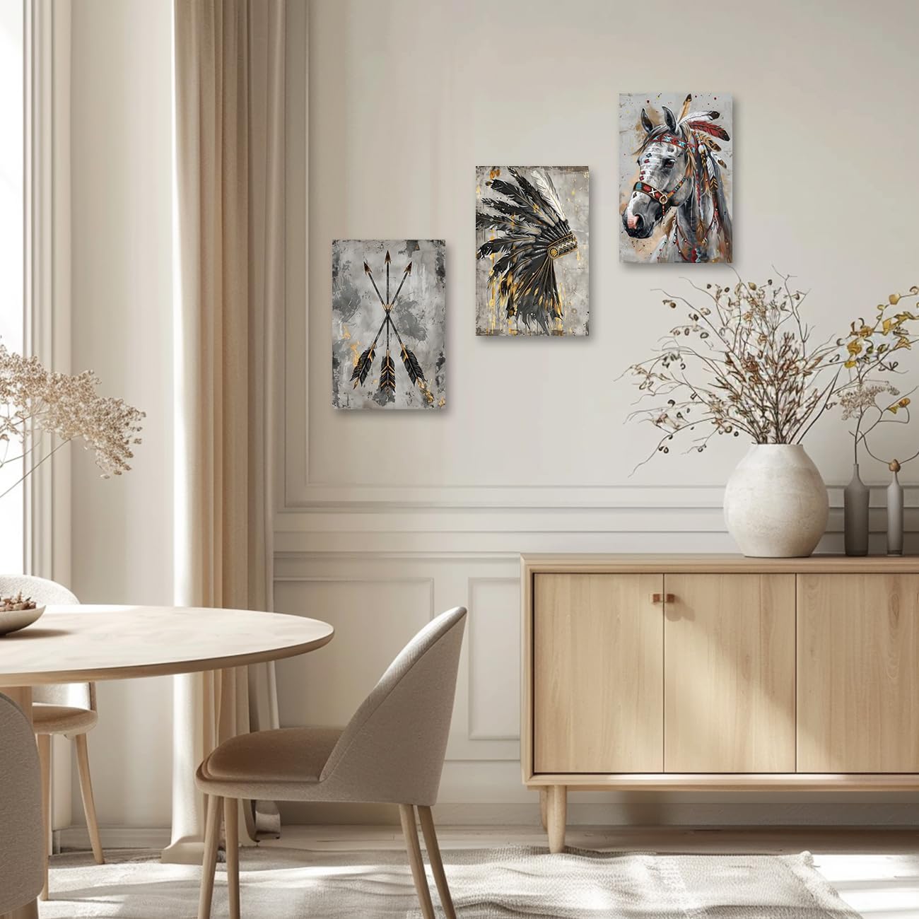 PBXBJY Native American Wall Art Indian Canvas Prints 3 Pieces Indian Chief Feather Headdress Arrow Horse Pictures Vintage Tribal Theme Painting Poster Decor Frame (12x16inchx3Pcs)