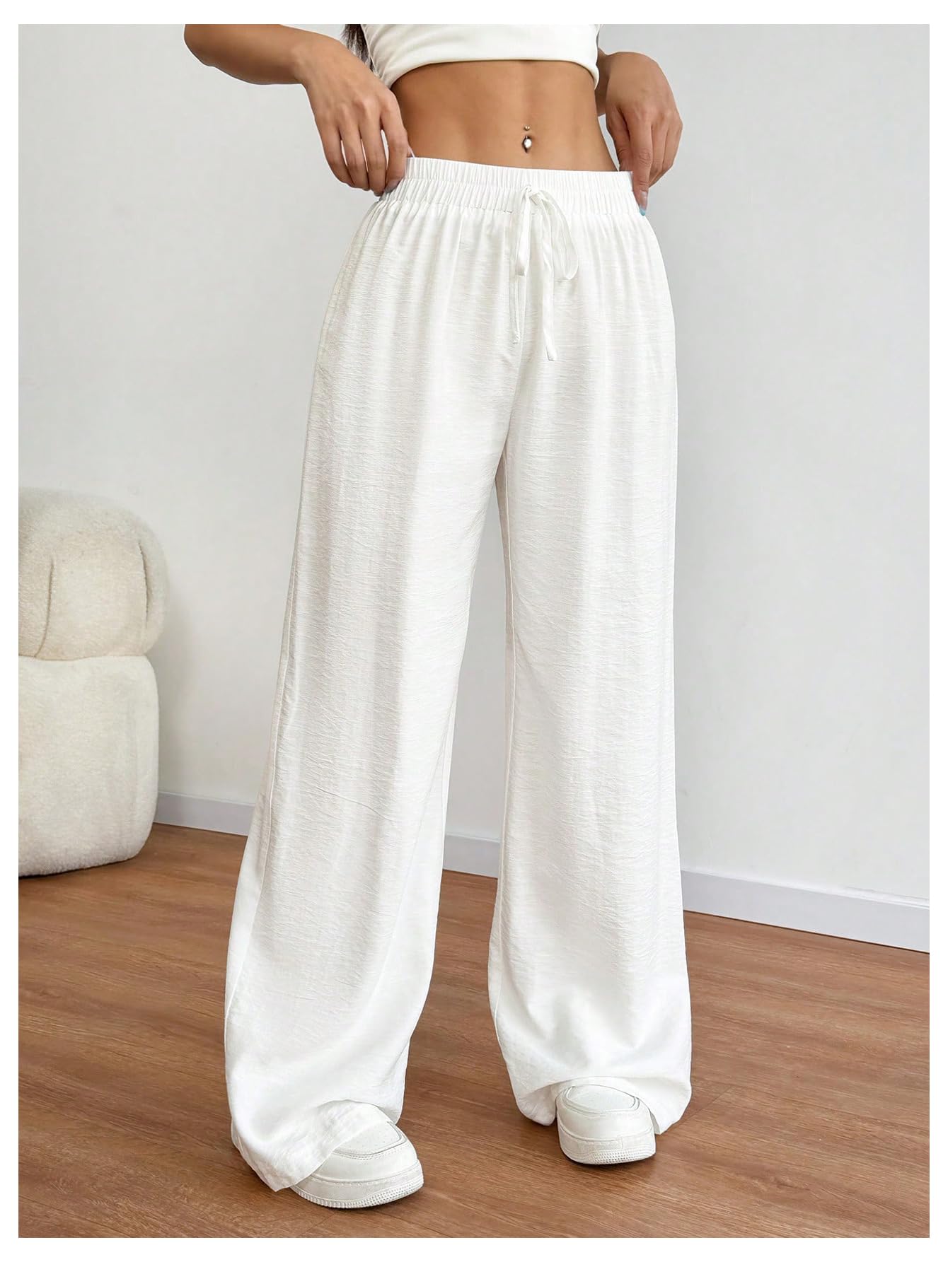 SOLY HUX Women's Wide Leg Summer Linen Pants Drawstring Elastic Waist Baggy Loose Sweatpants Trousers