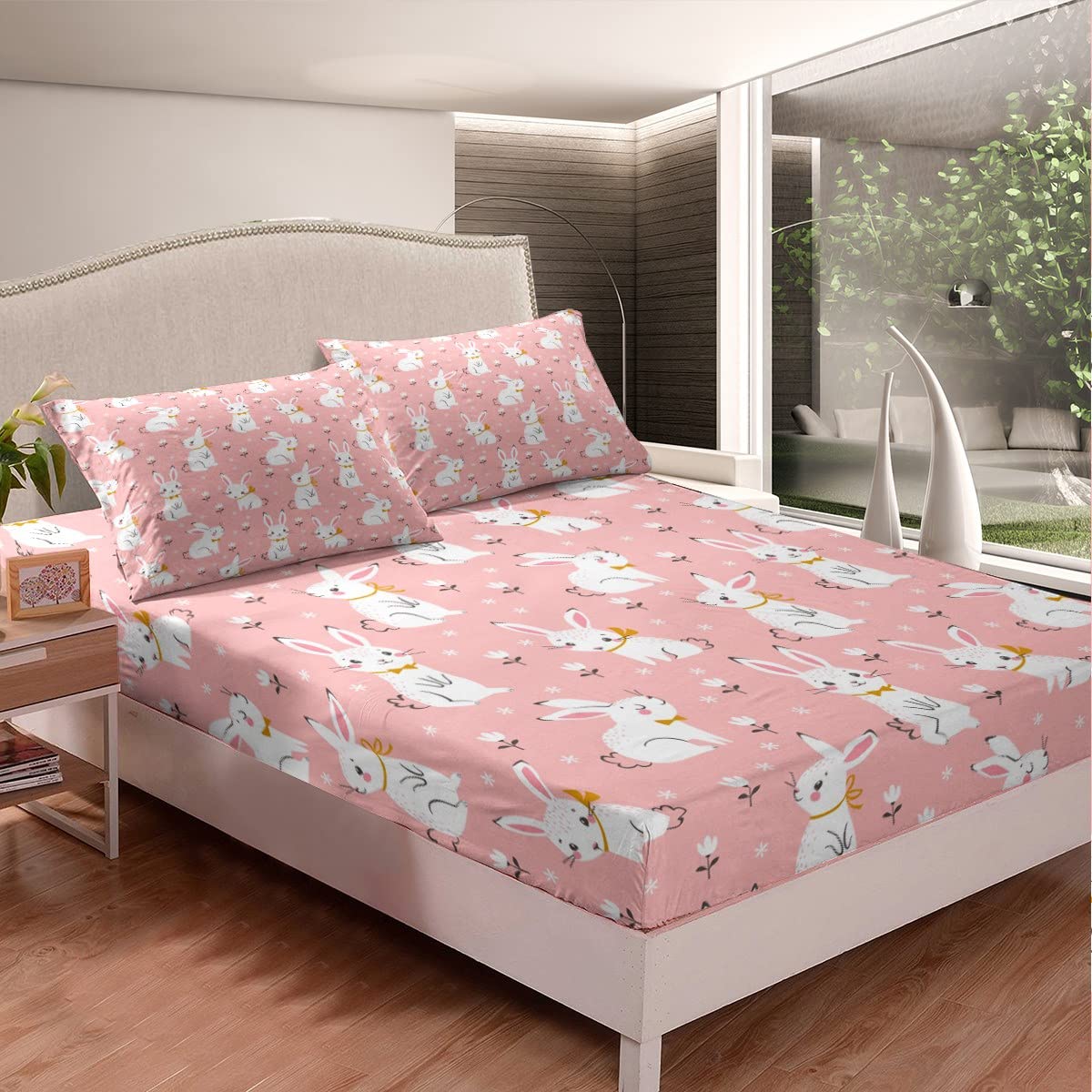 Feelyou Cute Rabbit Bedding Set - Twin Size Pink Cartoon Bunny Sheets & Pillowcase - View #5