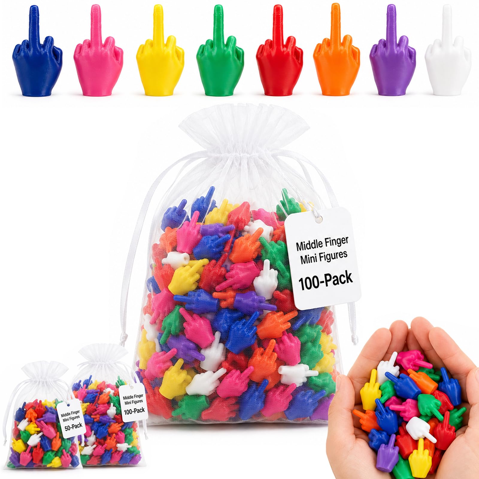 100Pack Mini Middle Fingers, Colorful Tiny Finger Hands Novelty Gag Gifts, 3D Printed Flipping the Bird Funny Office Home Decor, Party Prank Favors Christmas Stocking Stuffers White Elephant Adults