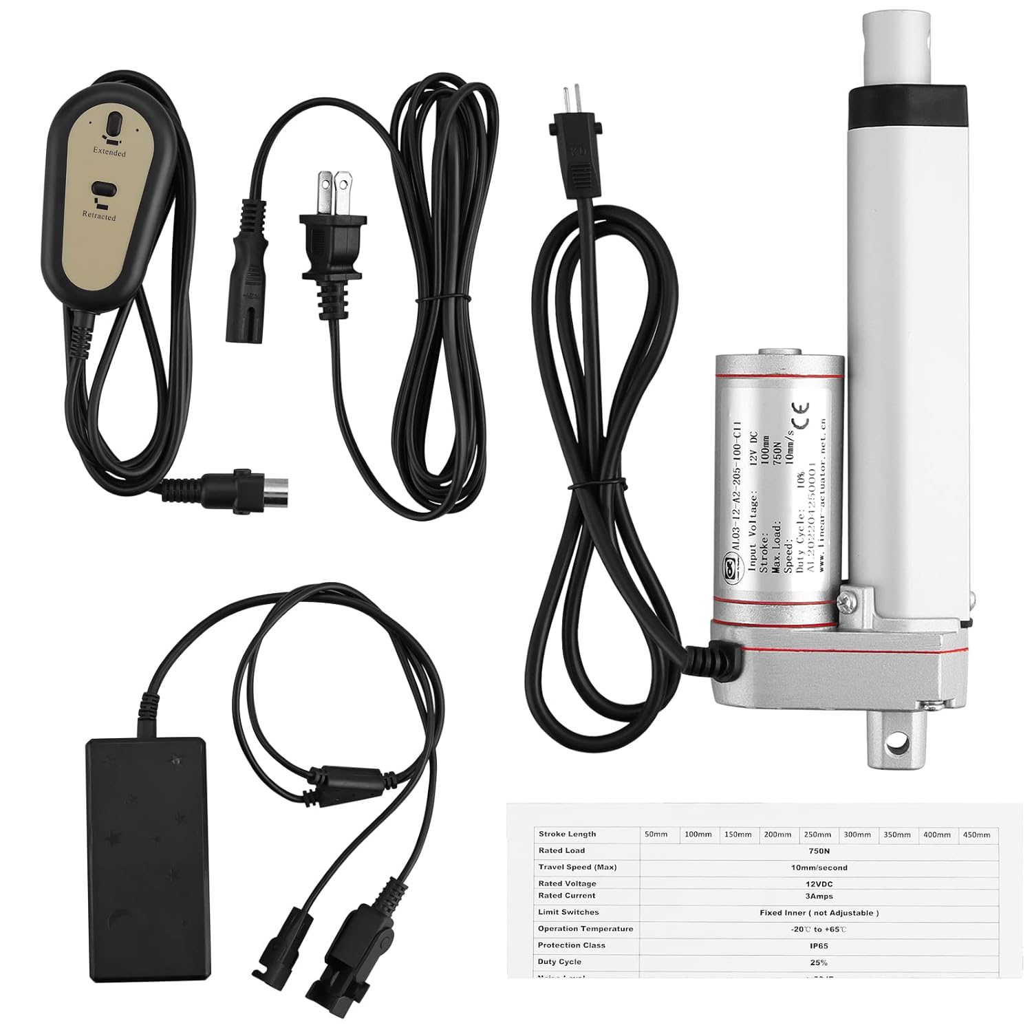 Justech 12V Linear Actuator 160LBS/750N-4inch/100mm 10mm/s Linear Motion Actuator IP54 Waterproof with Plugs, Switches and Transformers for Electric Door Window RV Industrial Machinery Solar Tracker