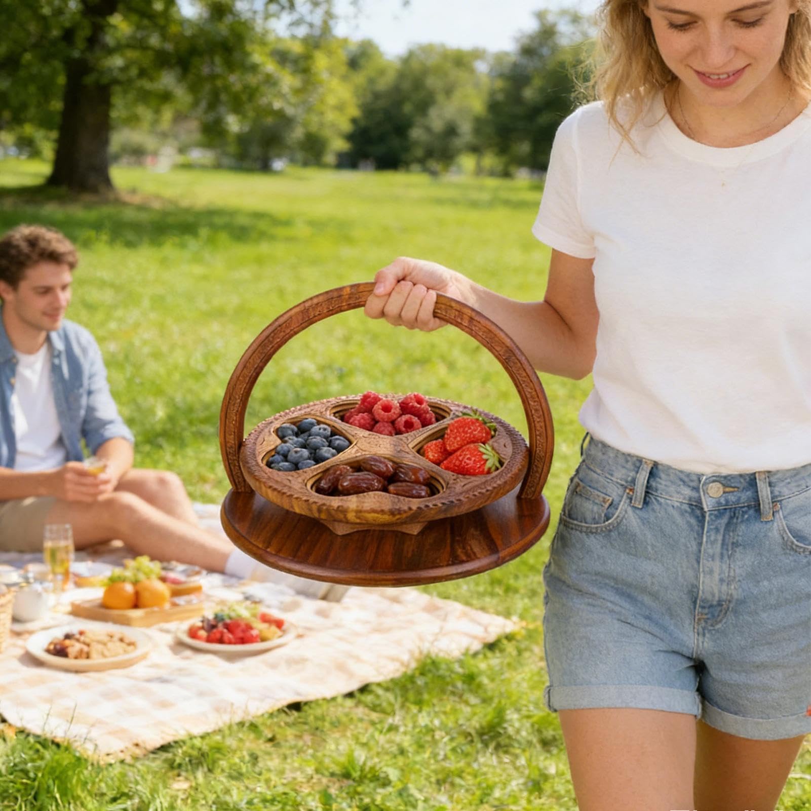 Składany Koszyk na Owoce Drewniany Pojemnik na Słodycze | Dekoracyjny Kosz Do Suszonych Owoców Do Przekąsek Cukierków Kuchni Domu Biura Stołu Jadalnego Pikniku Salonu Sypialni Hotelu