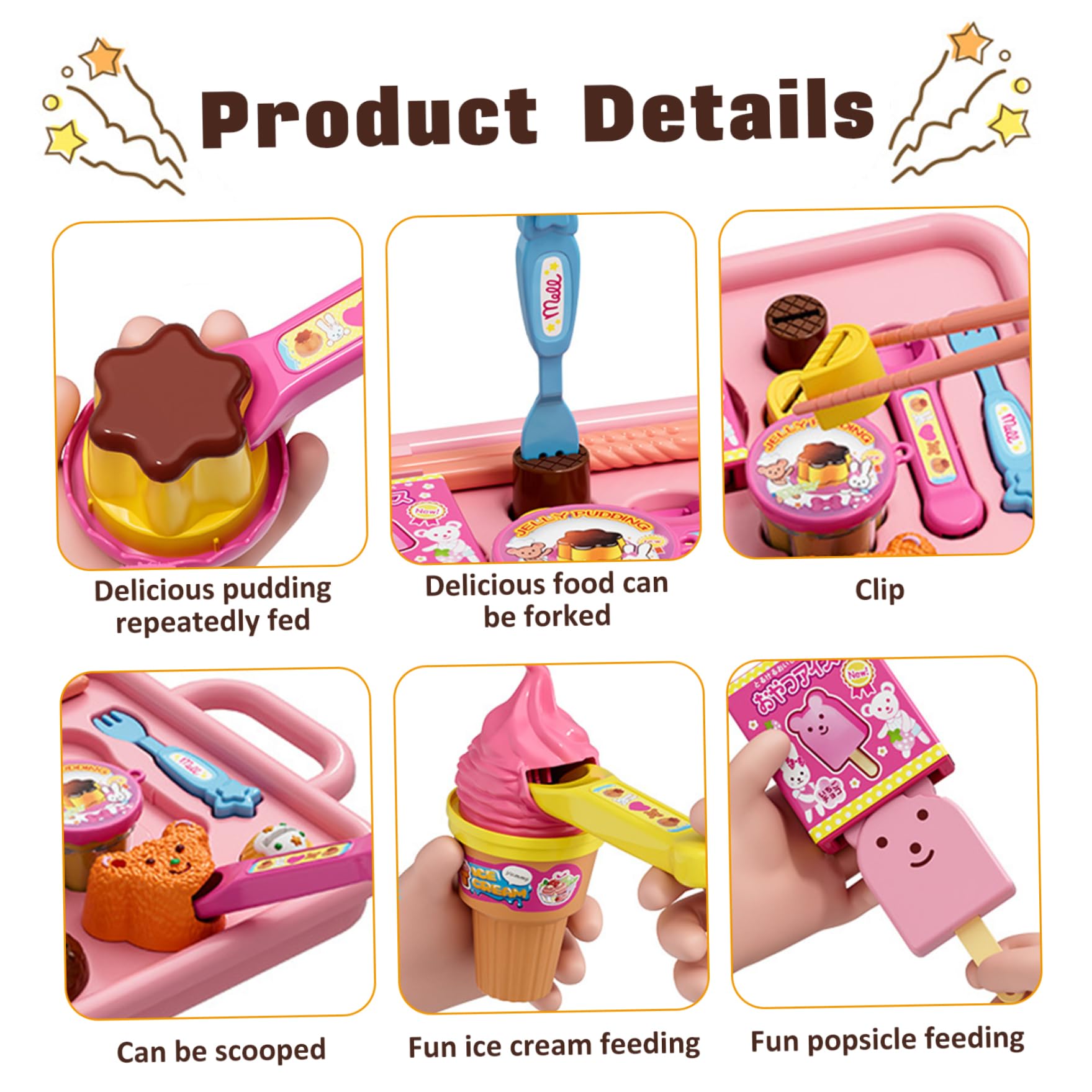 Jouet à pudding 1 ensemble de jouet à pudding japonais avec cuillère, fourchette, baguettes, crème glacée, glace et assiette, accessoires de cuisine pour garçons et filles, bleu, nourriture jeu