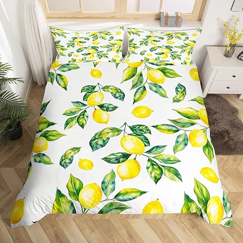 Feelyou Juego de ropa de cama de limón para niñas y niños con patrón botánico de limón, funda de edredón decorativa de frutas tropicales, funda de