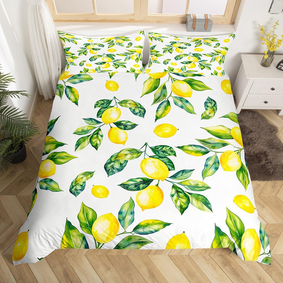 Lemon Bedding Set for Girls Boys Kids Botanical Lemon Pattern Comforter Cover Set Room Decorative Tropical Fruit Duvet Cover Yellow Green Bedspread Cover Room Decor Quilt Cover Super King Size