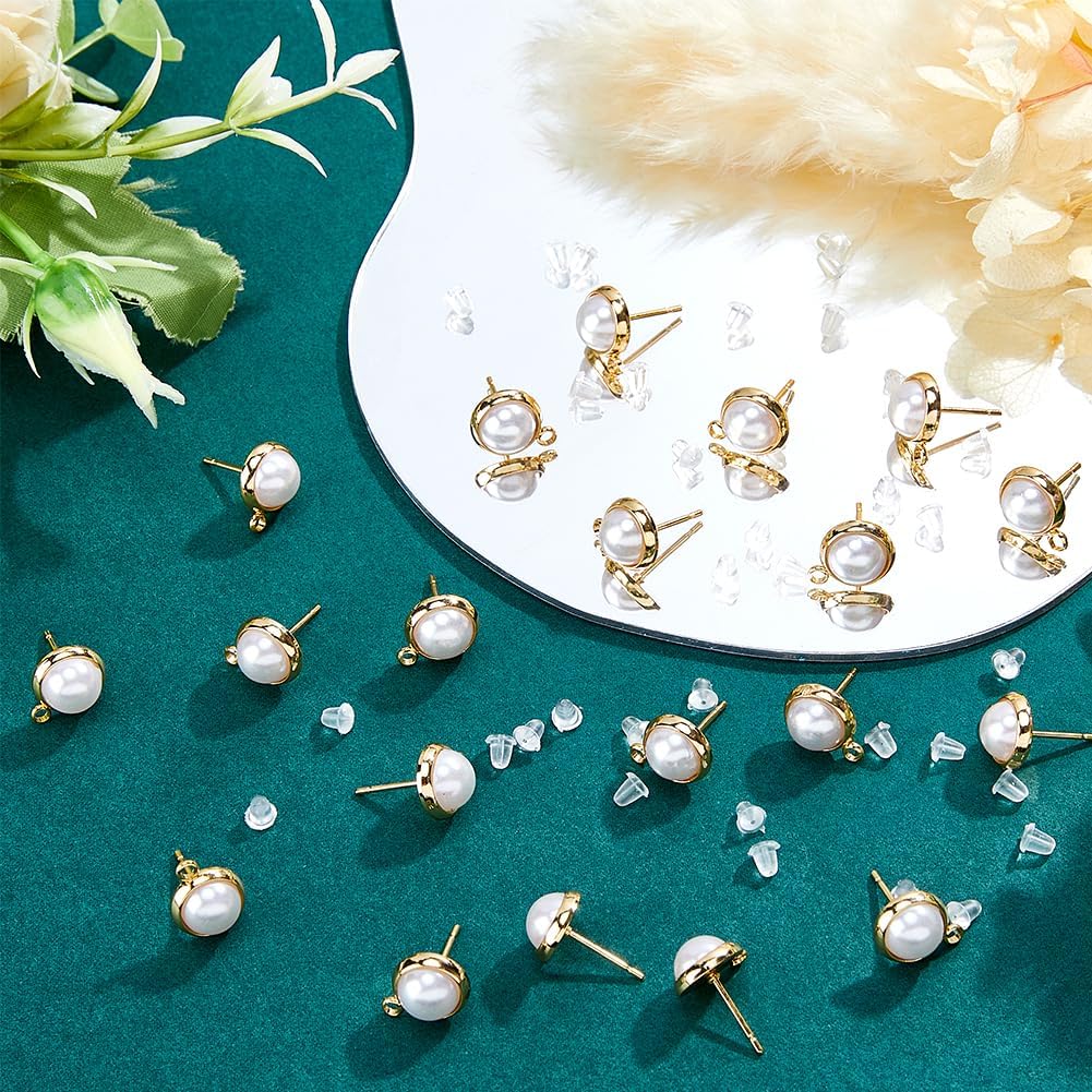 DICOSMETIC 20Pcs Pearl Stud Earring Findings 18K Gold Plated Brass Stud Earring Plastic Imitation Pearl Earring Post Half Round Stud Earring with 40Pcs Plastic Ear Nuts for DIY Earring, Hole: 1.8mm