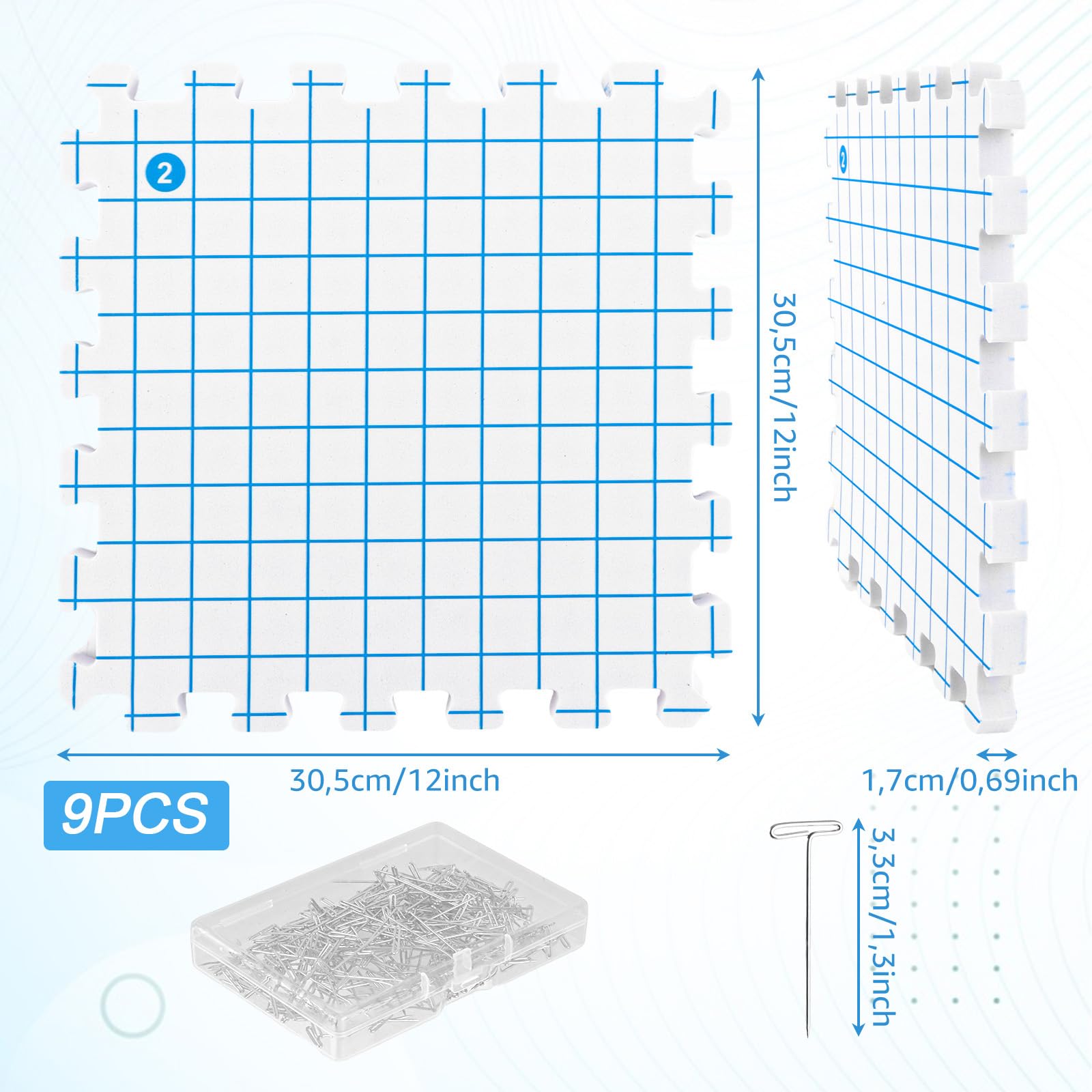 Oungy Kit Blocage Tricot 9 Dalles Modulables en Mousse avec 100 Épingles, Tapis Crochet Grille 30,5 cm, Planches pour Laine, Dentelle et Couture Créative