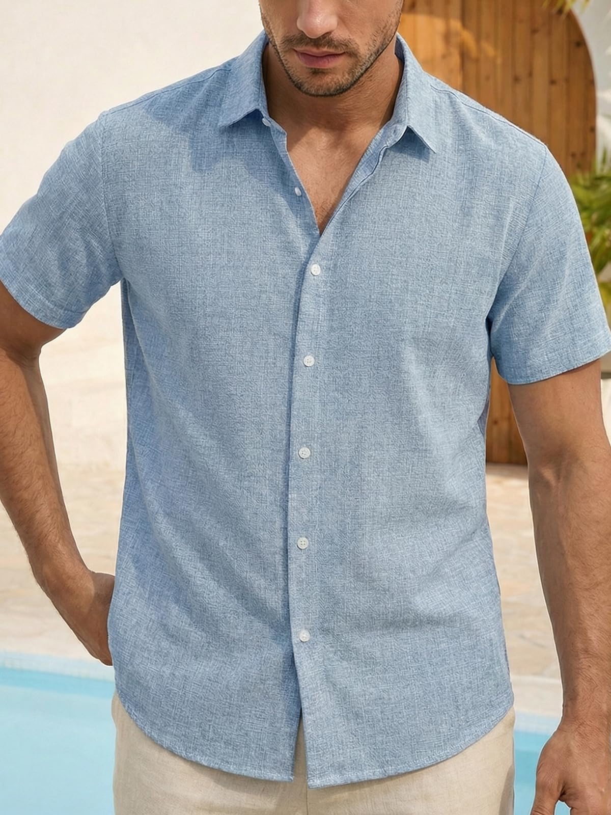 Camicia da uomo a maniche corte in lino, vestibilità normale, tinta unita, per matrimonio, business, spiaggia