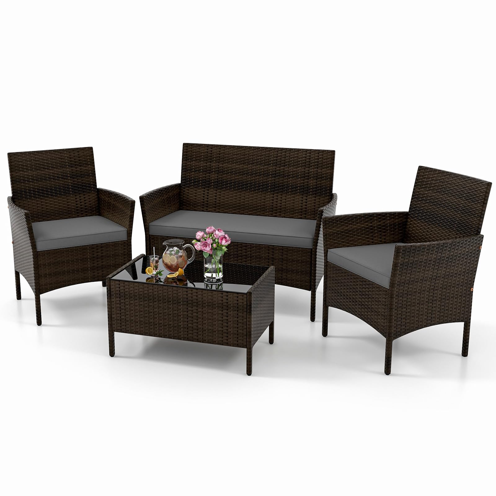 KOTEK 4 Piece Patio Furniture Set, Outdoor Rattan Conversation Set with Loveseat, Wicker Chairs, Tempered Glass Coffee Table, Wicker Patio Set for