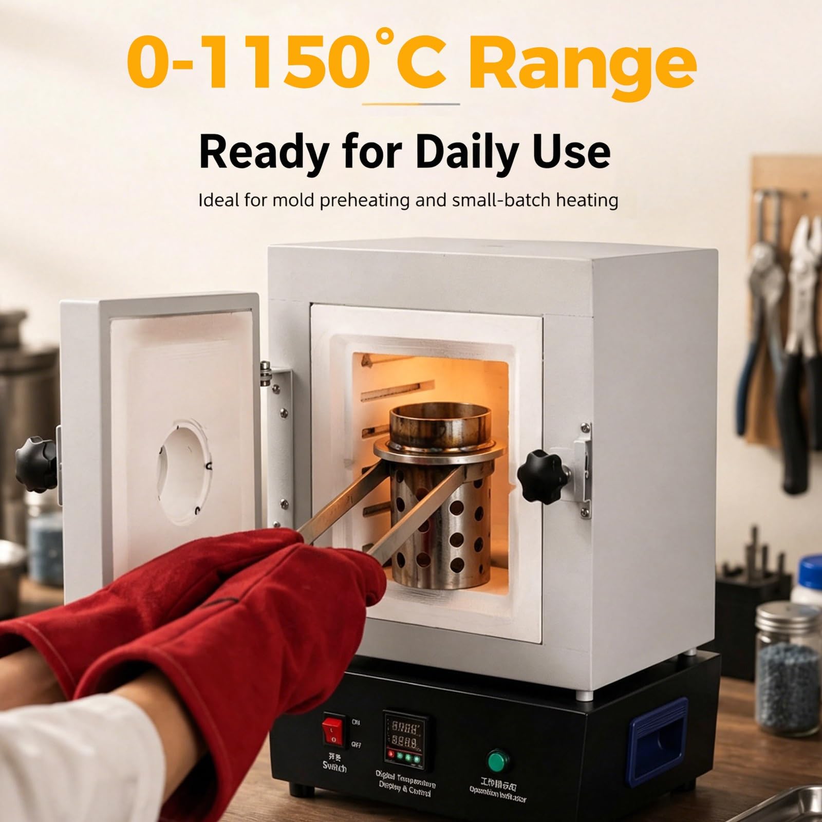 Zestaw pieca do topienia metalu o mocy 1750 W z okienkiem – regulacją PID do 1150°C do wytopu złota,srebra,aluminium i mosiądzu – Piec muflowy do biżuterii,ceramiki,fusingu szkła i emaliowania