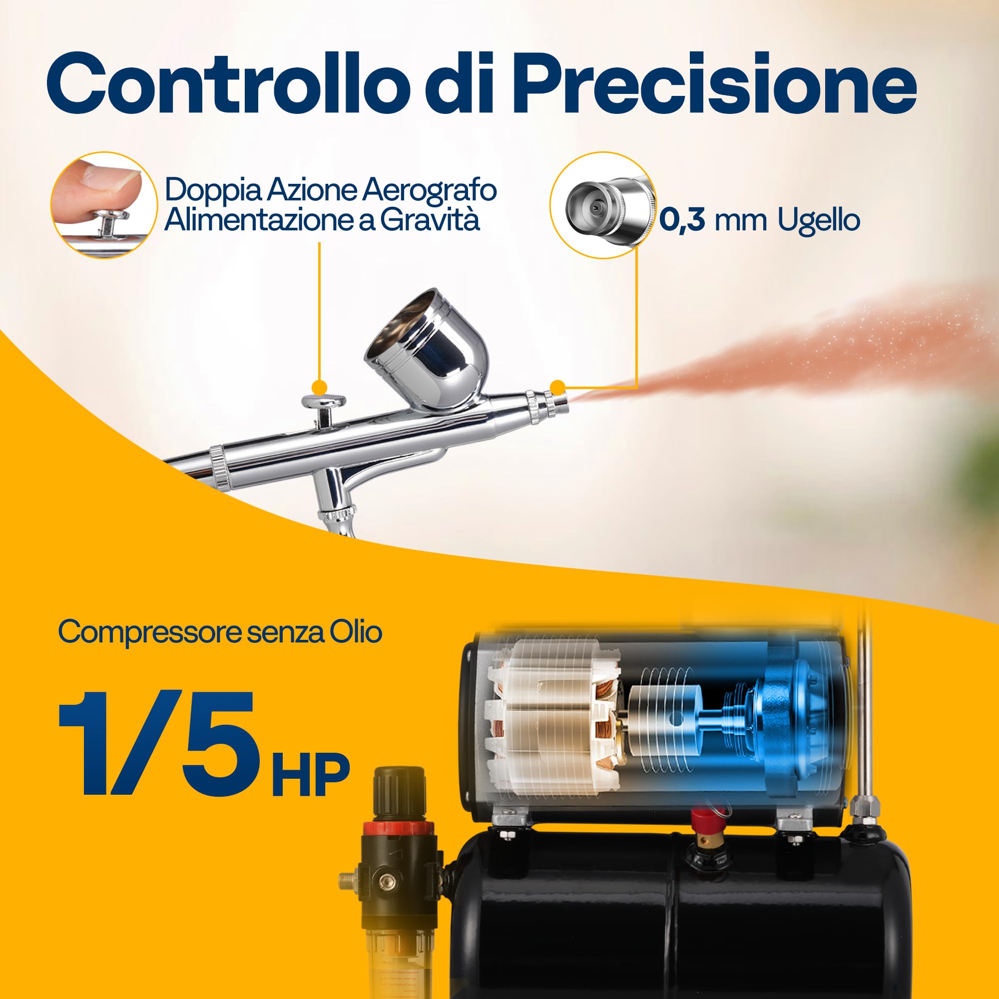 VIVOHOME Professionale Compressore Aerografo con Doppia Azione 1/5HP Compressore Aerografo con Serbatoio Aria 3L per la Decorazione di Torte il Trucco e l'artigianato il Design Delle Unghie
