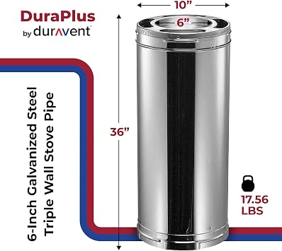 DuraVent DuraPlus Triple-Wall Chimney Stove Pipe, Galvanized Steel, 6x36 in