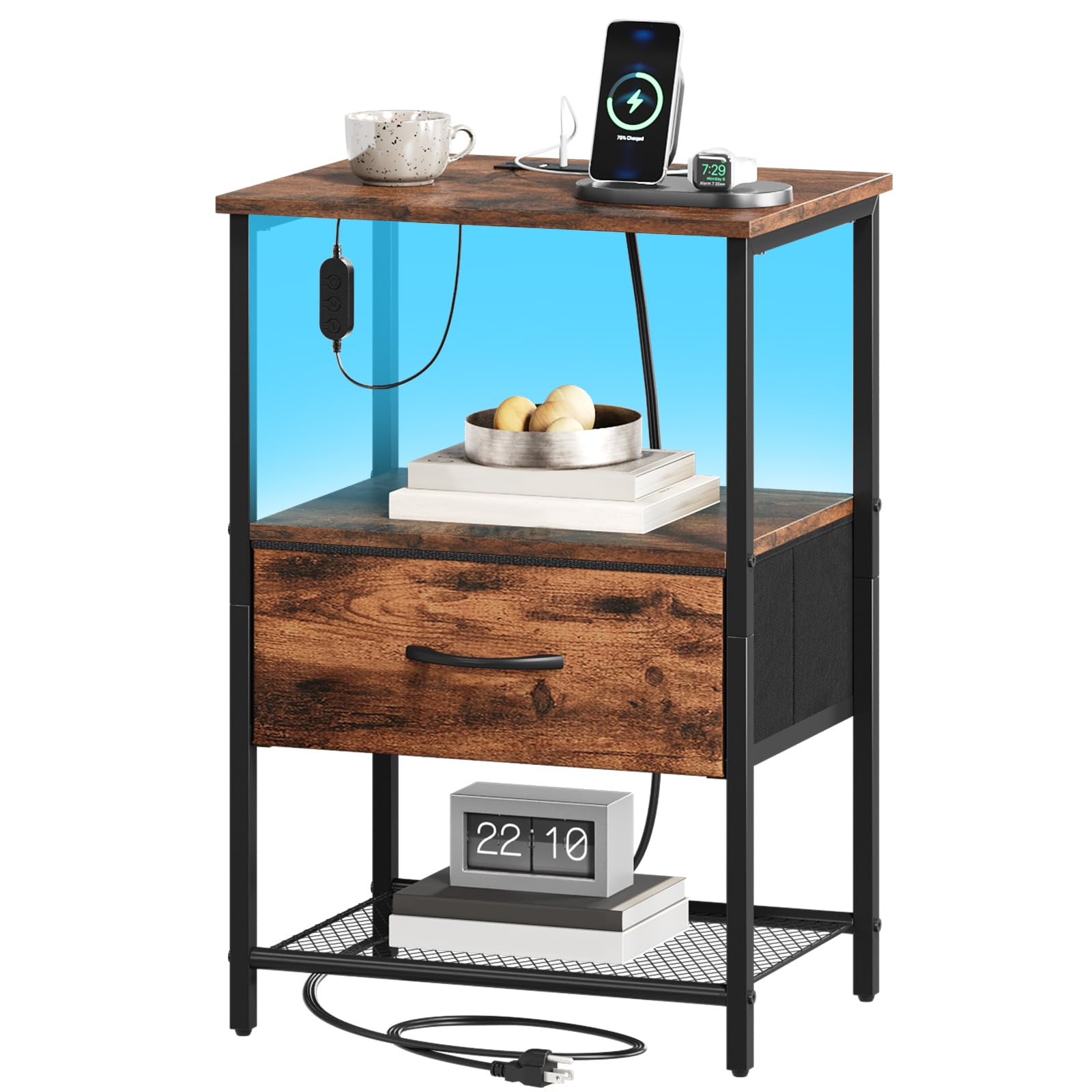 Somdot Bedside Table with Charging Station and LED Light, Small Bed Side Table for Bedroom Dorm Kids Room Closet, 1 Drawer Bedside Cabinet with 2 Outlets and 2 USB Ports, Wood Grain Print