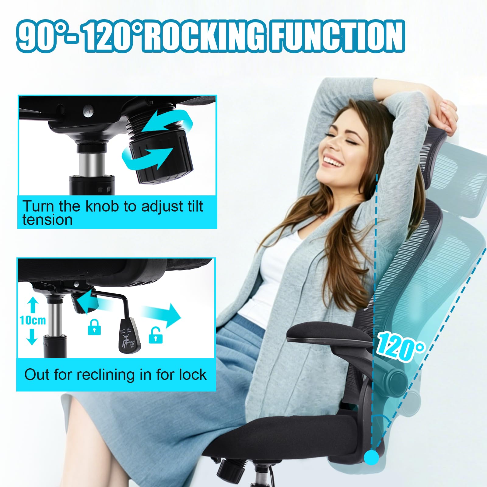 Silla de Oficina Ergonómica con Soporte Lumbar Ajustable, Reposabrazos 3D, Reposacabezas 2D, Silla Escritorio de Malla Alta Giratoria para Hogar y Oficina Estudio Gaming，Negro