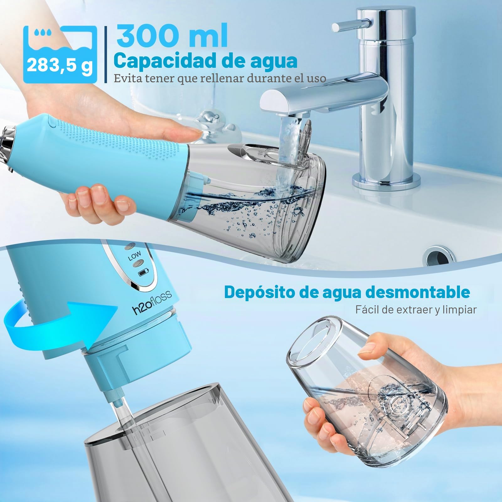 H2ofloss Irrigador dental de agua portátil inalámbrico, 5 modos IPX7 impermeable, irrigador bucal recargable de 300 ml para limpieza de dientes, azul cielo