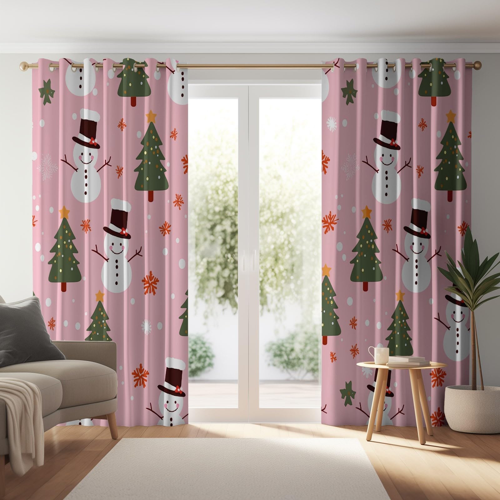 Świąteczny bałwan z nadrukiem choinki 100% zasłony zaciemniające do sypialni i salonu 117 x 183 cm (2 panele) - izolacja termiczna, zasłony z oczkami, redukcja hałasu, różowe