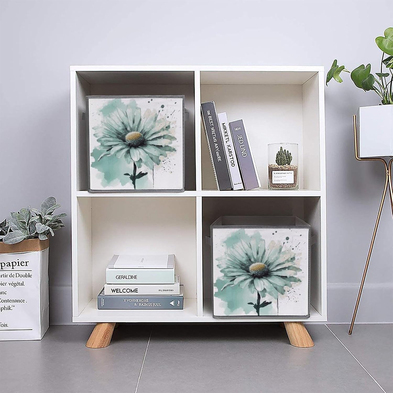 Mint Green Watercolor Daisy Storage Cubes Set of 6 Storage Bins with Handles Collapsible Storage Basket Fabric Storage Box for Shelves Large Closet Shelf Organizer for Organization 11 Inch