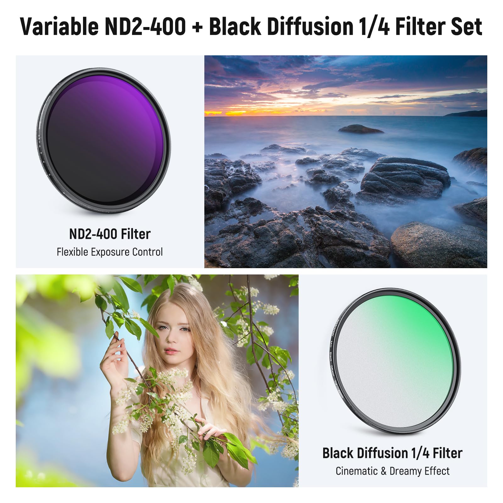 NEEWER 82 mm zmienna dyfuzja ND i czarnej mgły zestaw filtrów 1/4, 2-pak wielowarstwowego szkła optycznego o neutralnej gęstości ND2-400 i marzycielski miękki filtr z efektem kinowym do obiektywu